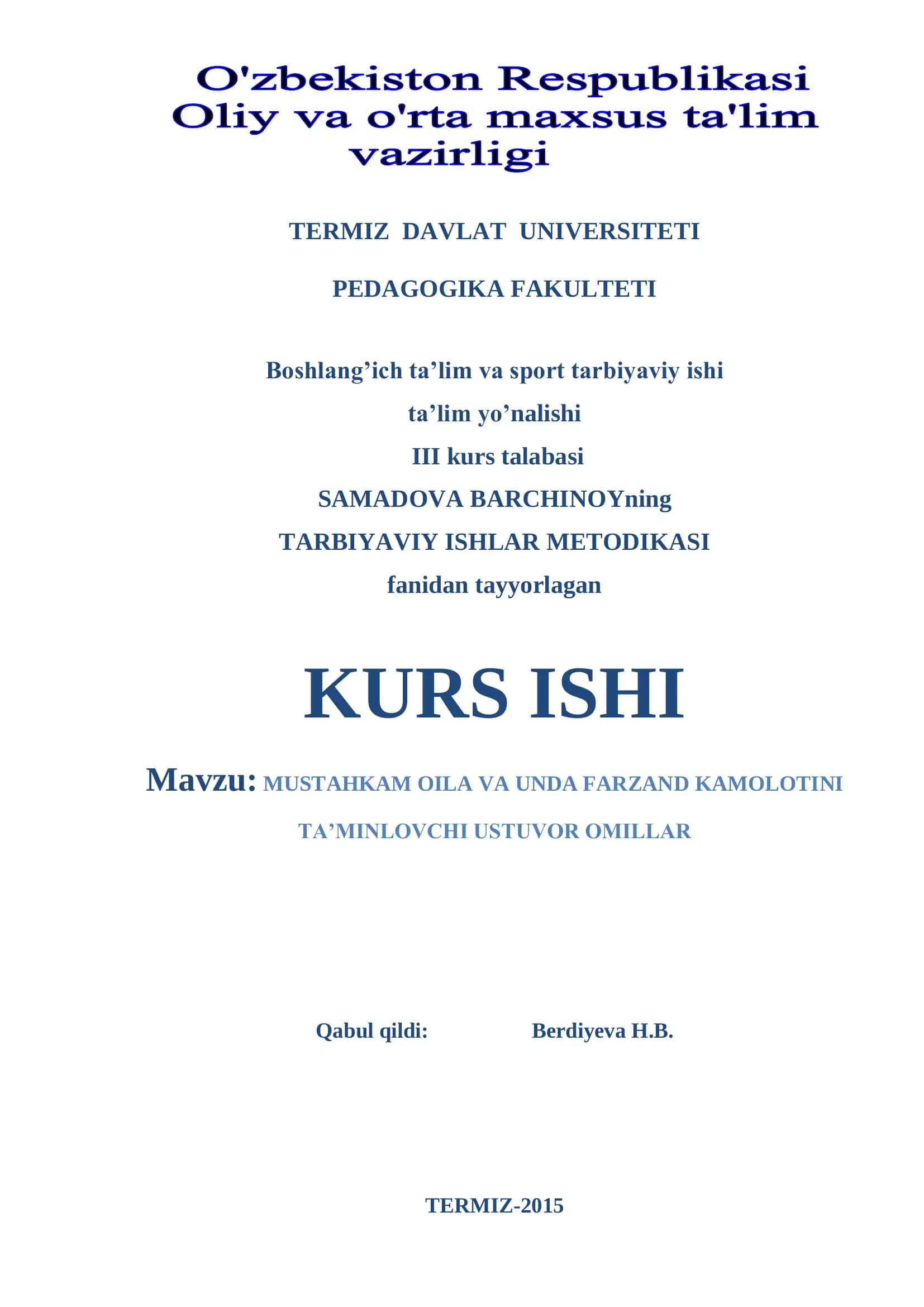 TARBIYAVIY ISHLAR METODIKASI KURS ISHI