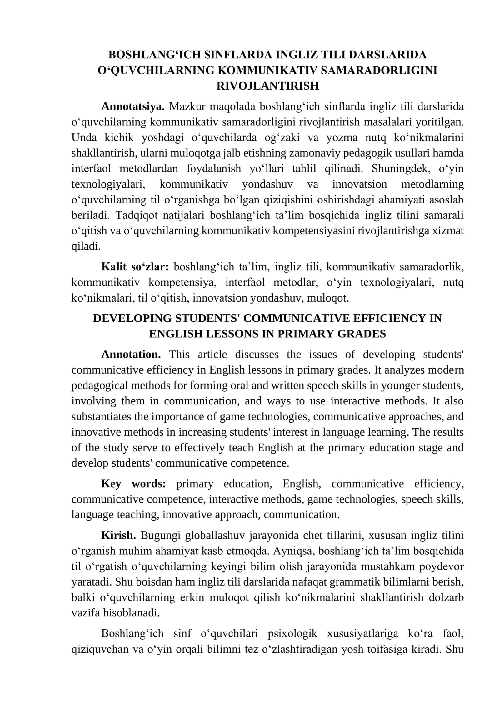 BOSHLANG‘ICH SINFLARDA INGLIZ TILI DARSLARIDA O‘QUVCHILARNING KOMMUNIKATIV SAMARADORLIGINI RIVOJLANTIRISH