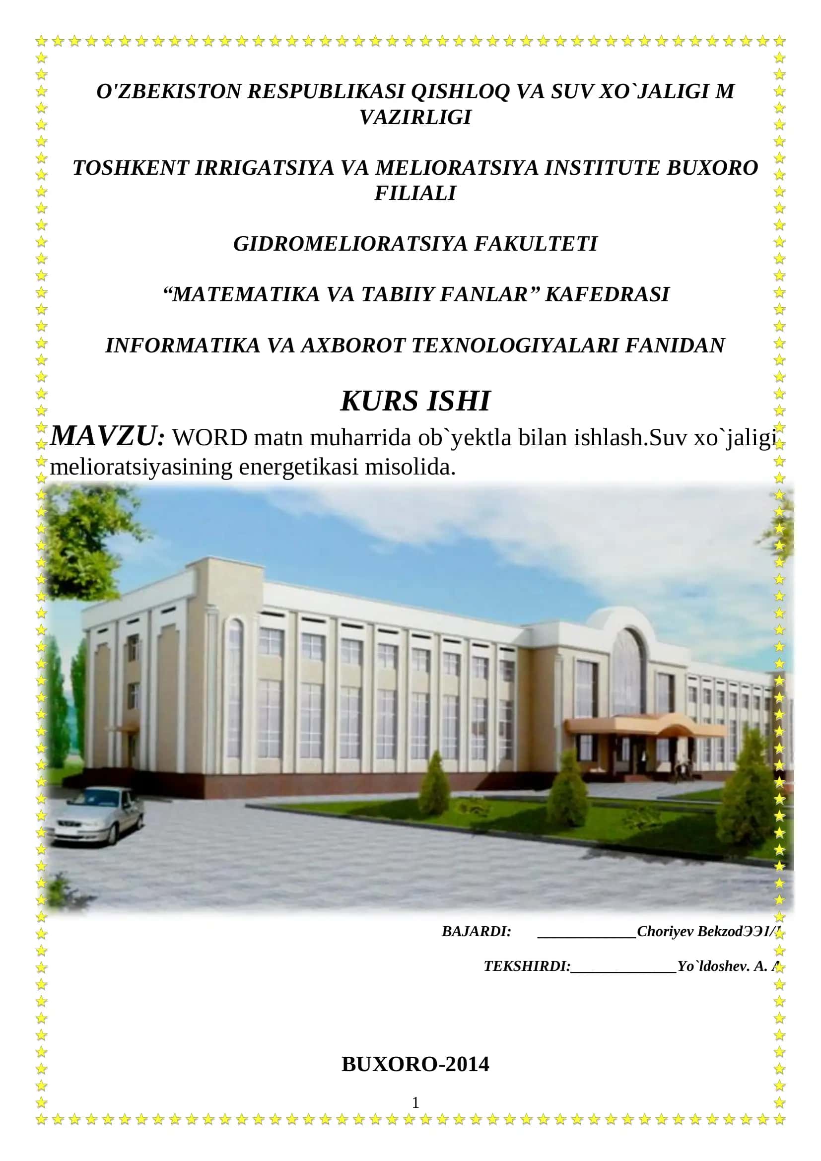 Kurs ishi "WORD matn muharrida ob`yektla bilan ishlash. Suv xo`jaligi melioratsiyasining energetikasi misolida"