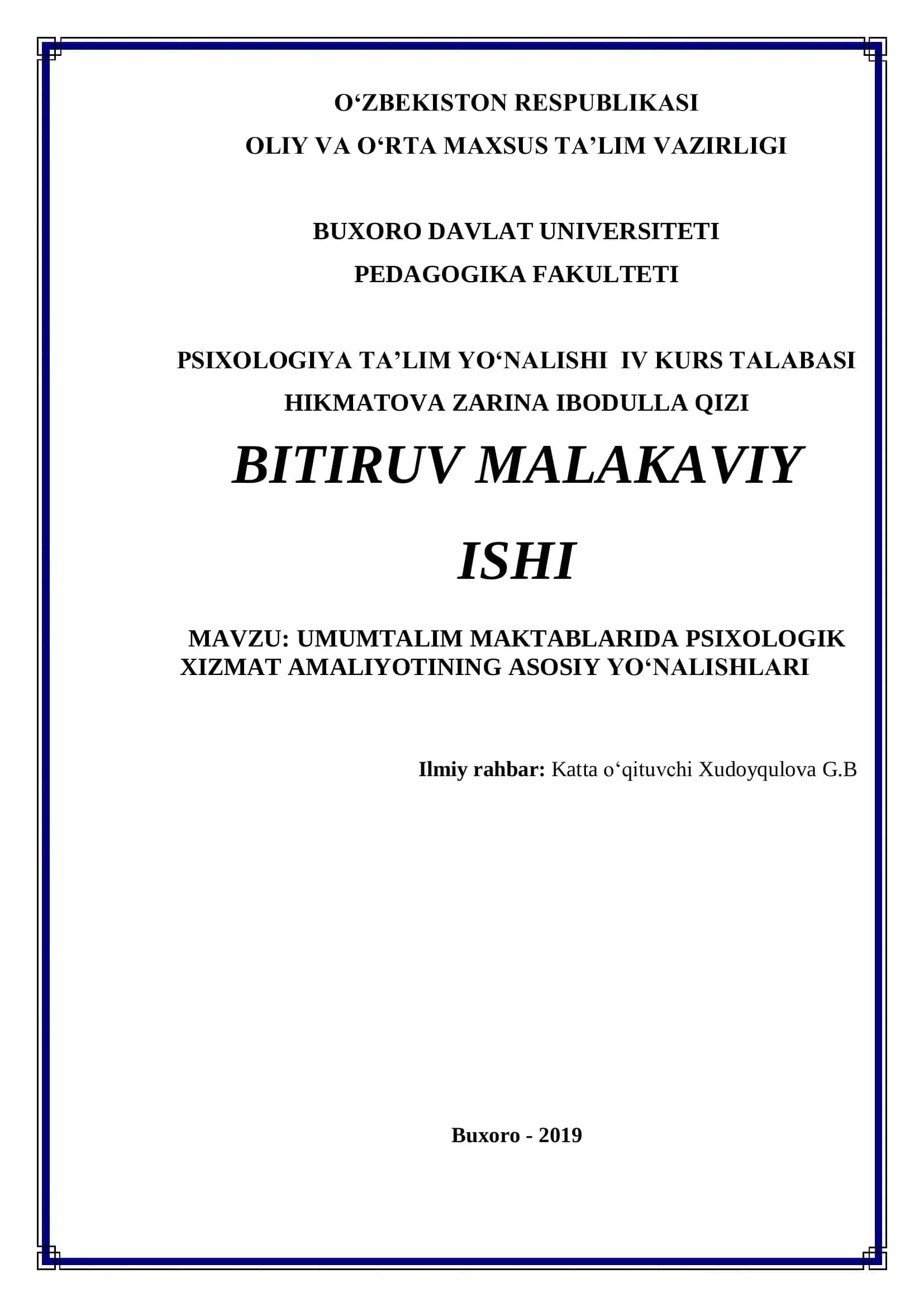 UMUMTALIM MAKTABLARIDA PSIXOLOGIK XIZMAT AMALIYOTINING ASOSIY YO‘NALISHLARI