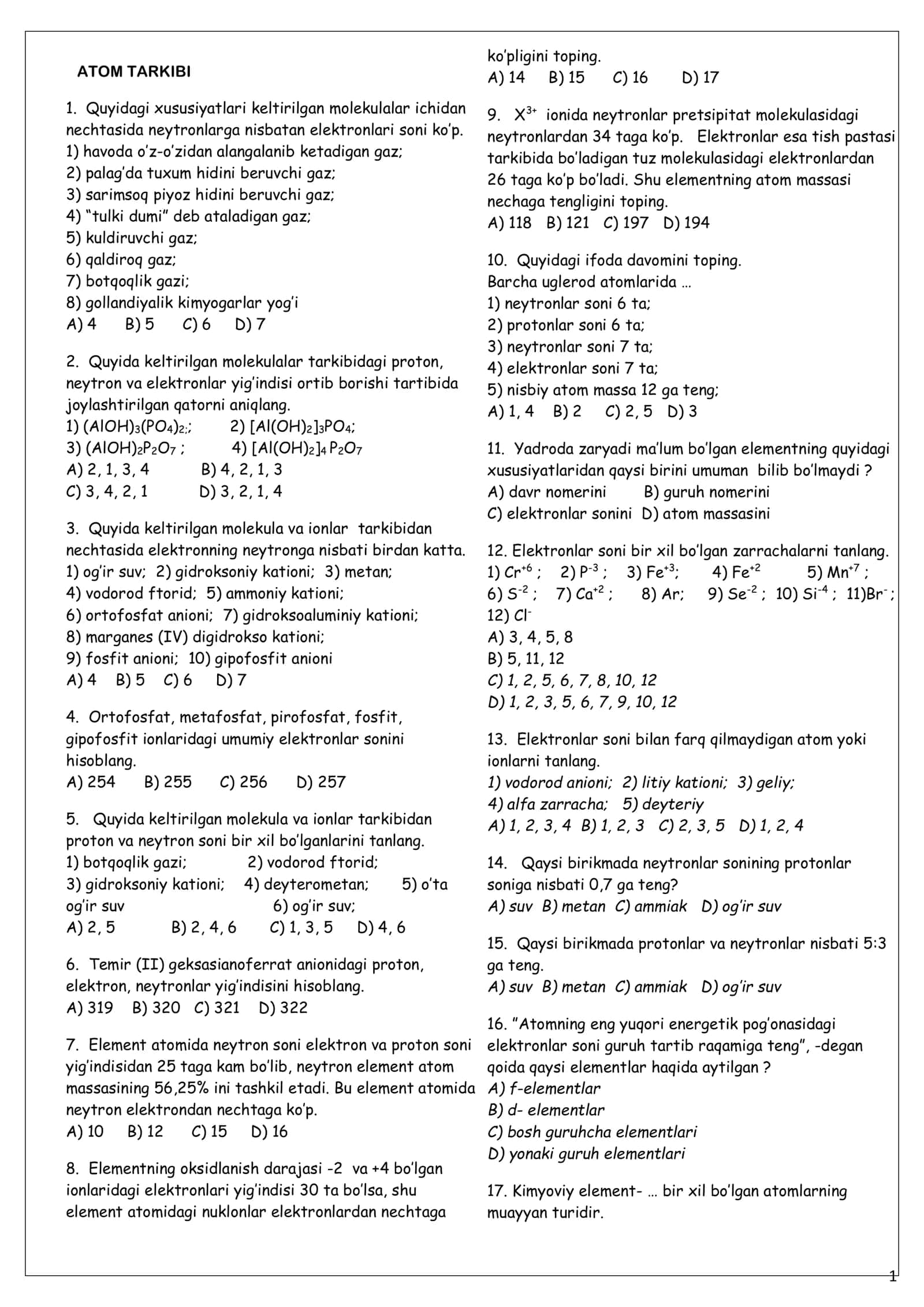 βοΈπ KIMYO FANIDAN TESTLAR TOβPLAMI πβοΈ β‘ 274 BETLIK KATTA TESTLAR BAZASI β‘ PREMIUM PDF TOβPLAM ββββββββββββββββββ