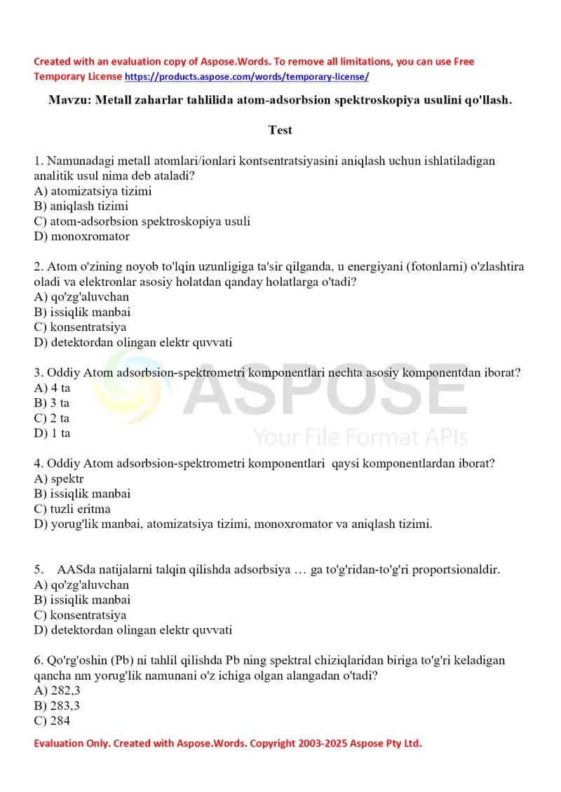 11. Metall zaharlar tahlilida atom-adsorbsion spektroskopiya usulini qo'llash. Test 10 ta