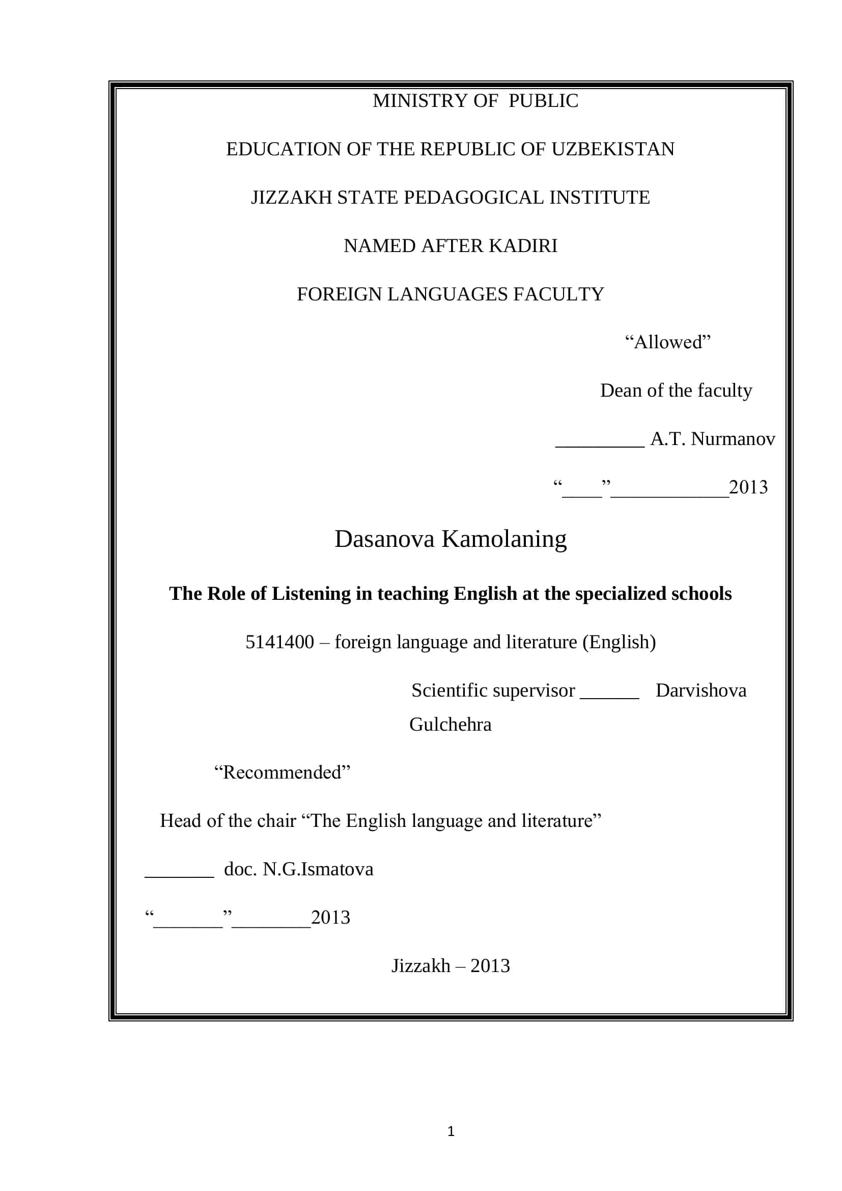The Role of Listening in teaching English at the specialized schools