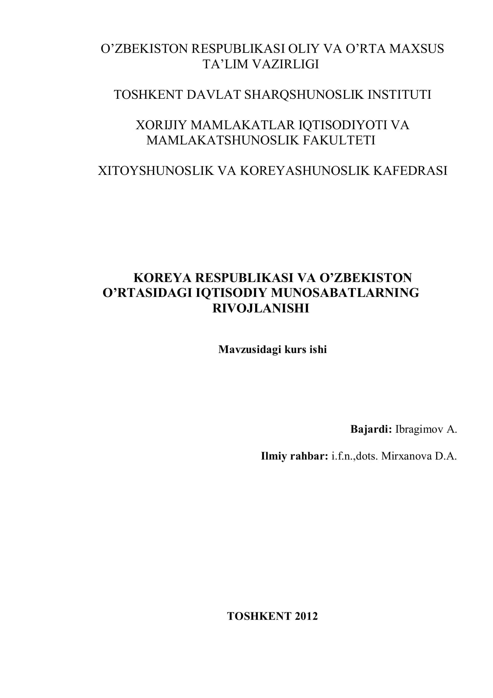 Koreya Respublikasi va O’zbekiston Respublikasi munosabatlari