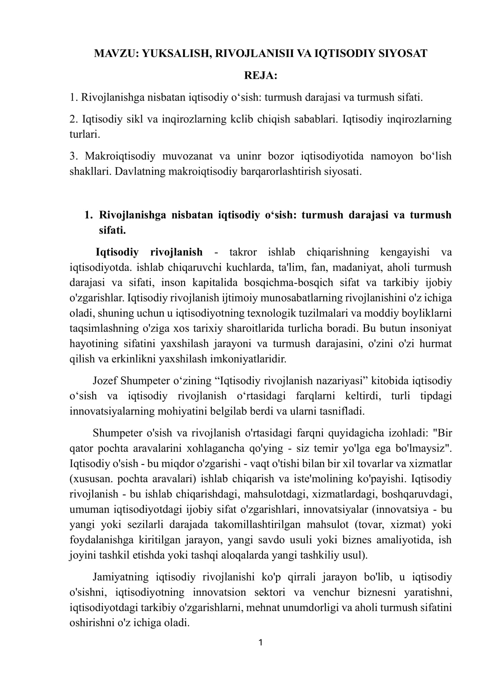 YUKSALISH, RIVOJLANISII VA IQTISODIY SIYOSAT