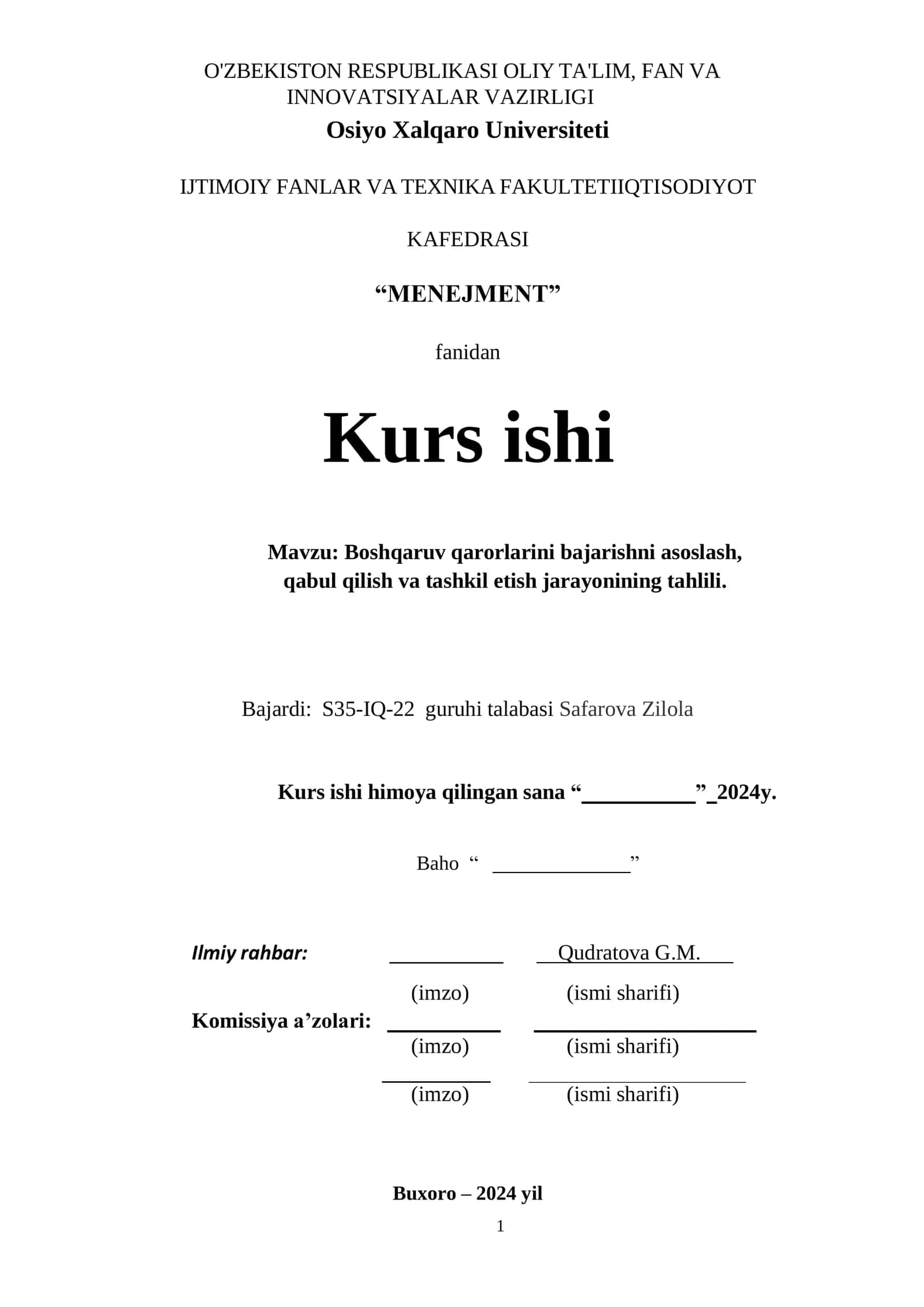 Boshqaruv qarorlarini bajarishni asoslash, qabul qilish va tashkil etish jarayonining tahlili