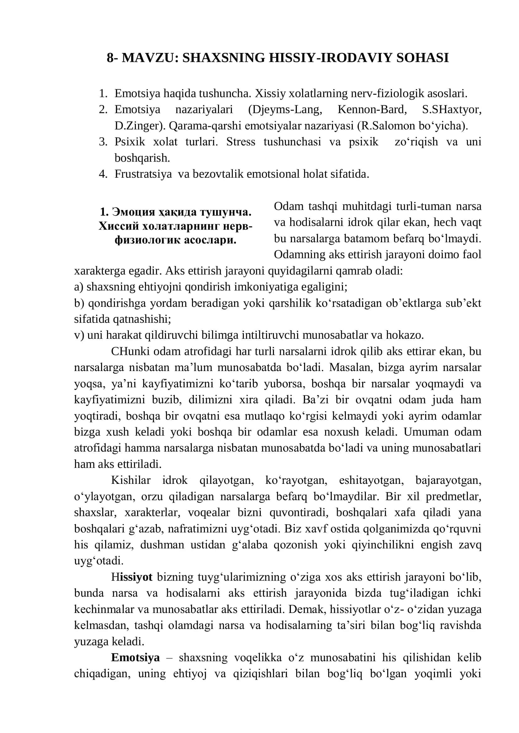 SHAXSNING HISSIY-IRODAVIY SOHASI