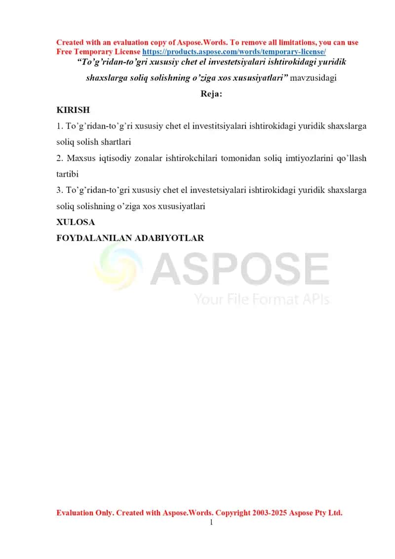 To’g’ridan-to’g’ri xususiy chet el investitsiyalari ishtirokidagi yuridik shaxslarga soliq solishning o’ziga xos xususiyatlari