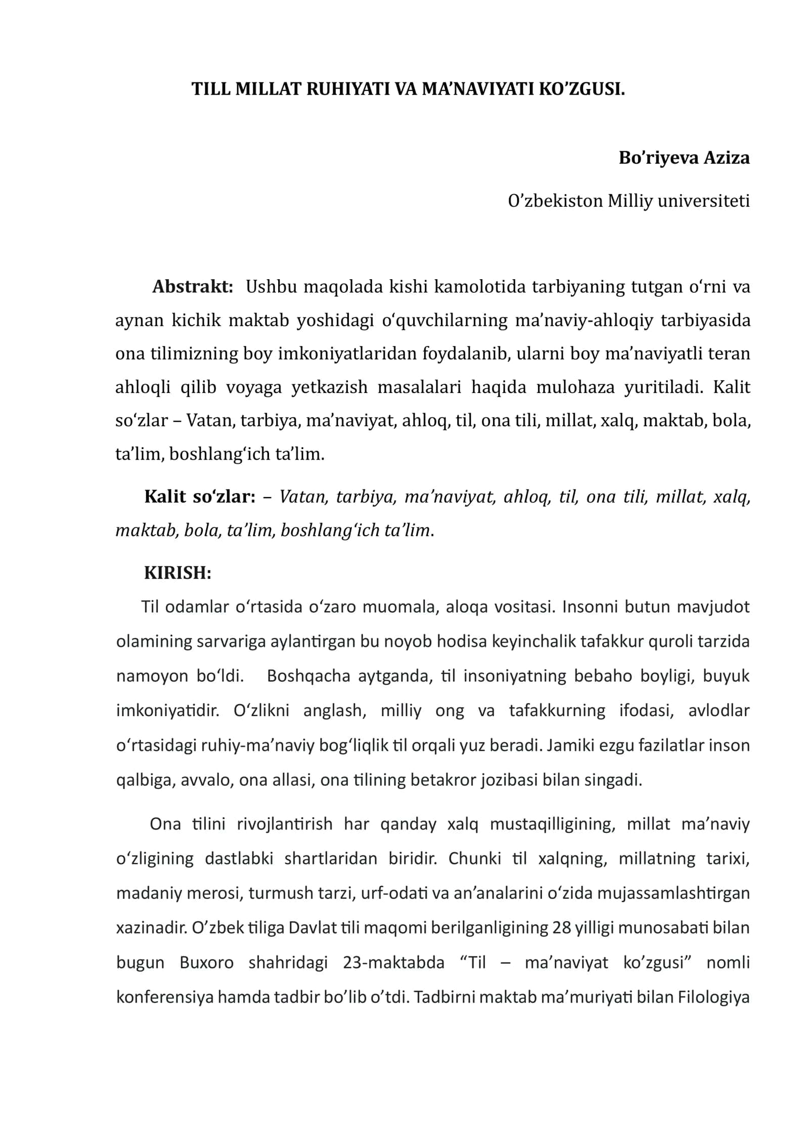 TILL MILLAT RUHIYATI VA MA’NAVIYATI KO’ZGUSI