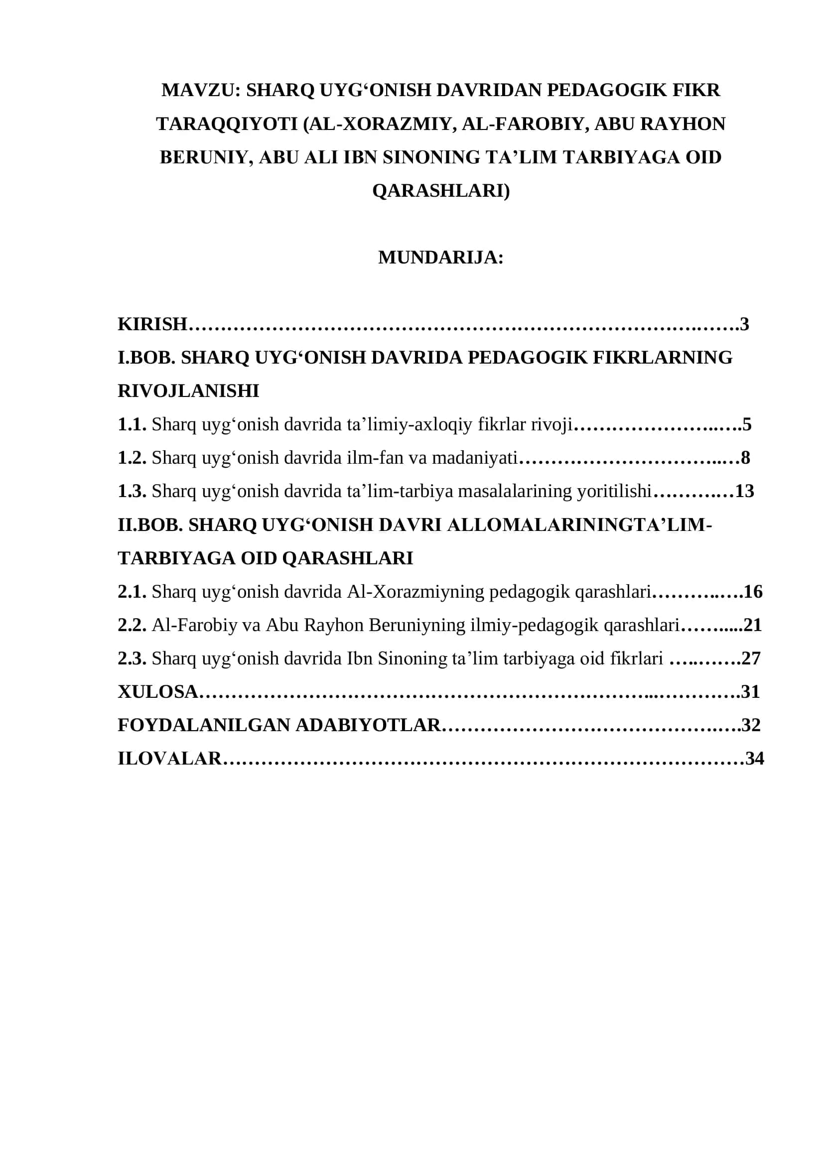 SHARQ UYG‘ONISH DAVRIDAN PEDAGOGIK FIKR TARAQQIYOTI (AL-XORAZMIY, AL-FAROBIY, ABU RAYHON BERUNIY, ABU ALI IBN SINONING TA’LIM TARBIYAGA OID QARASHLARI)