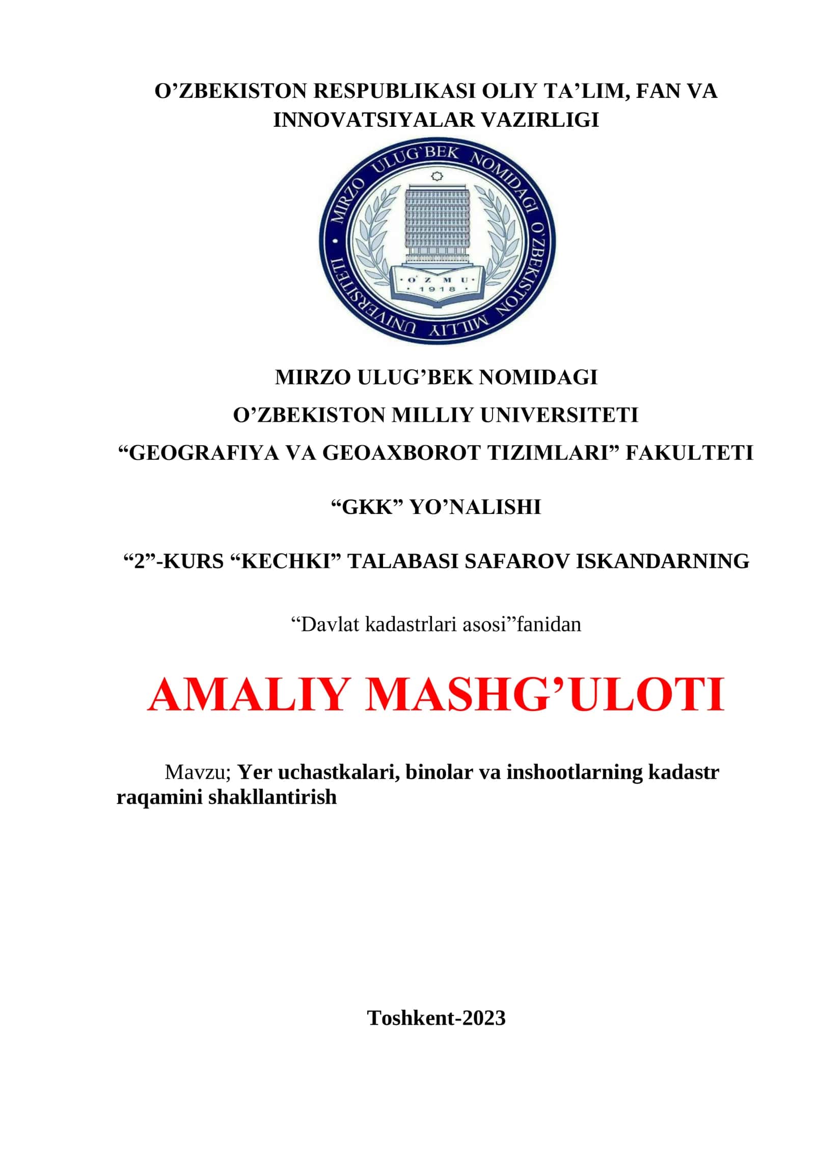 Yer uchastkalari, binolar va inshootlarning kadastr raqamini shakllantirish