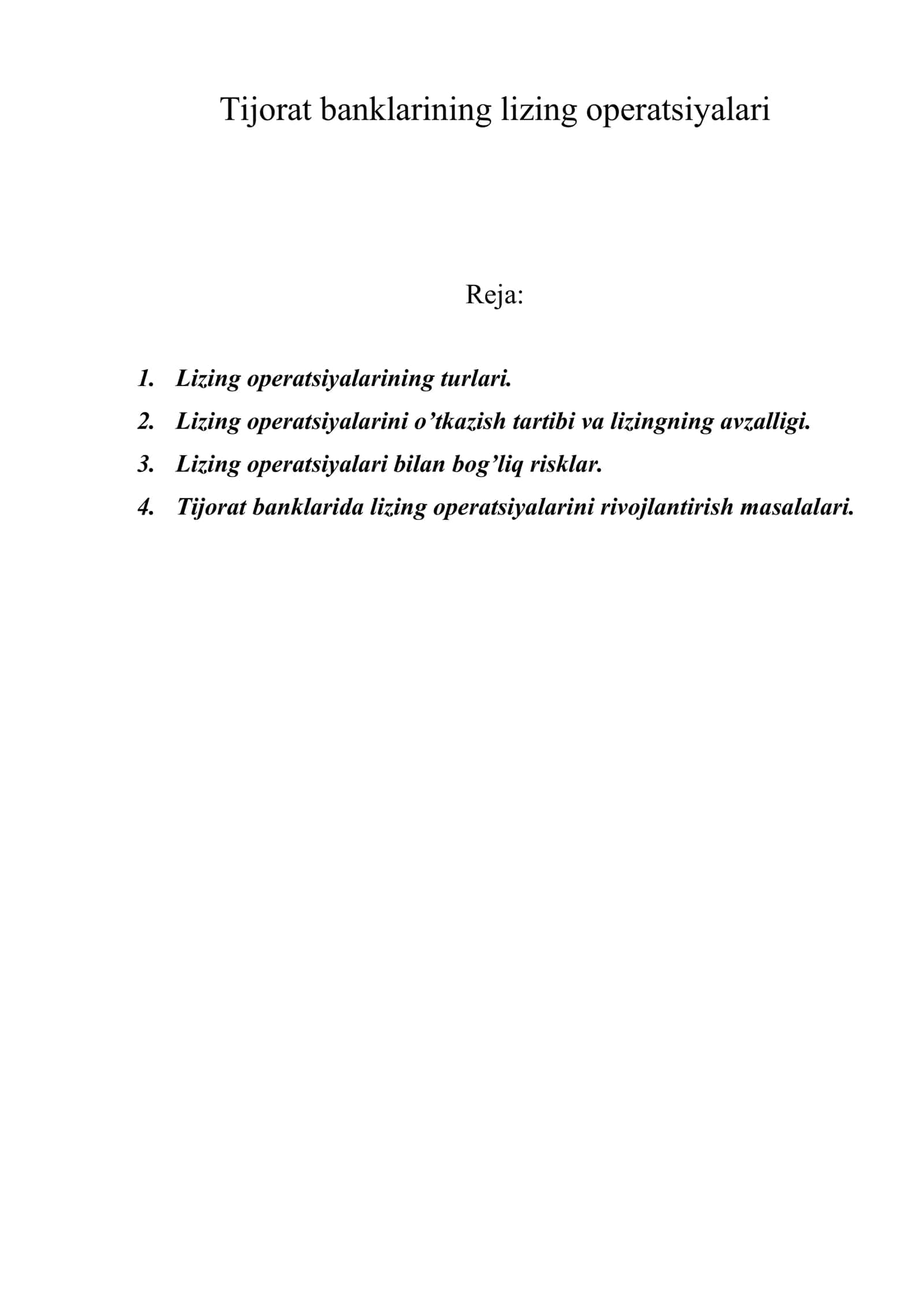 Tijorat banklarining lizing operatsiyalari