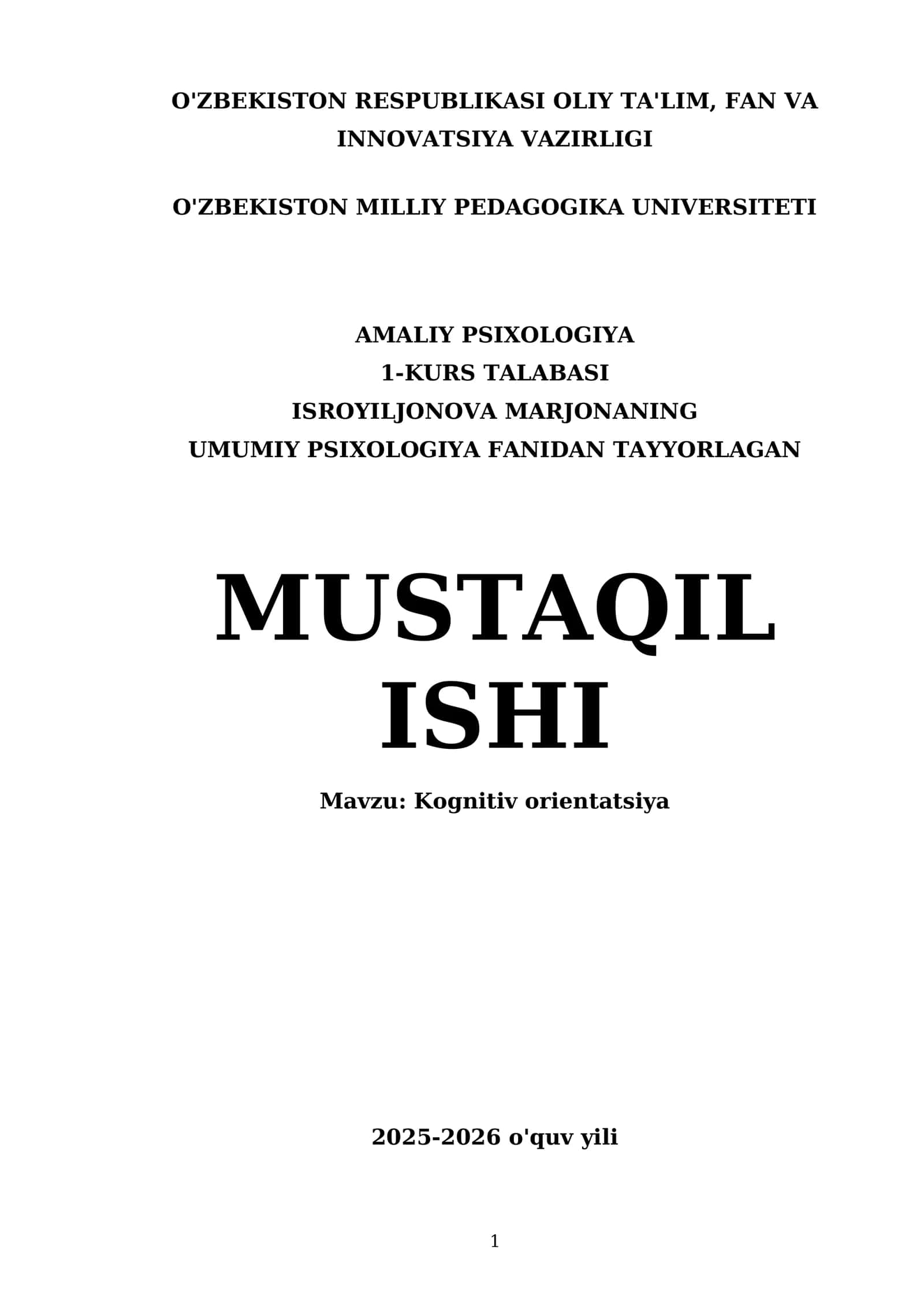 Mustaqil ishi Mavzu: Kognitiv orientatsiya