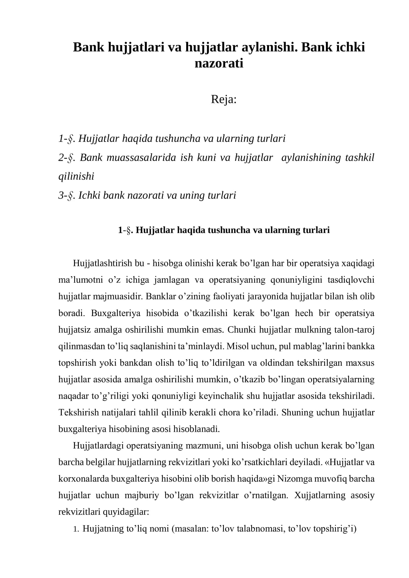 Banklar Hujjatlari va Hujjatlar Aylanishi