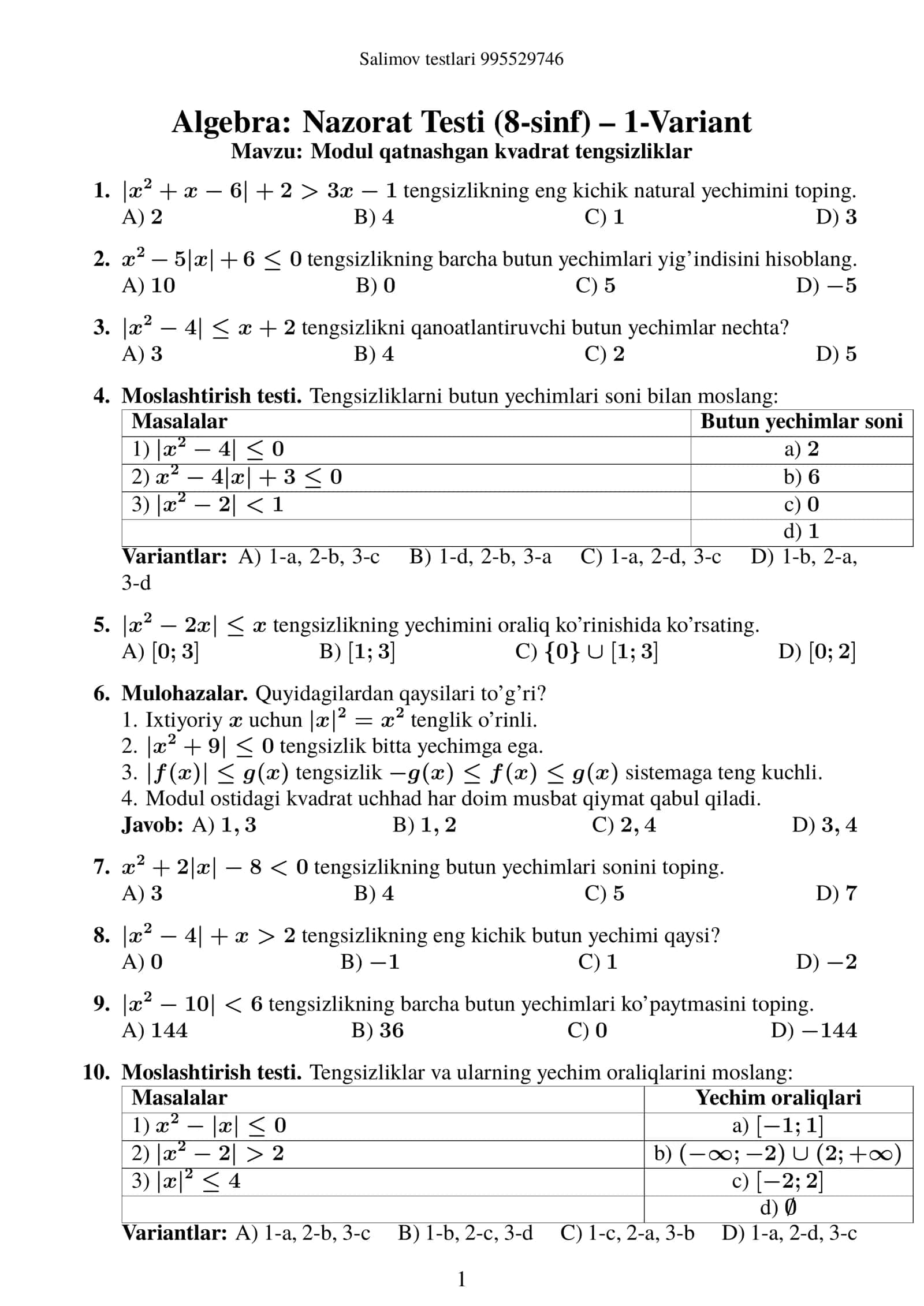 Algebra 8 sinf bsbsi