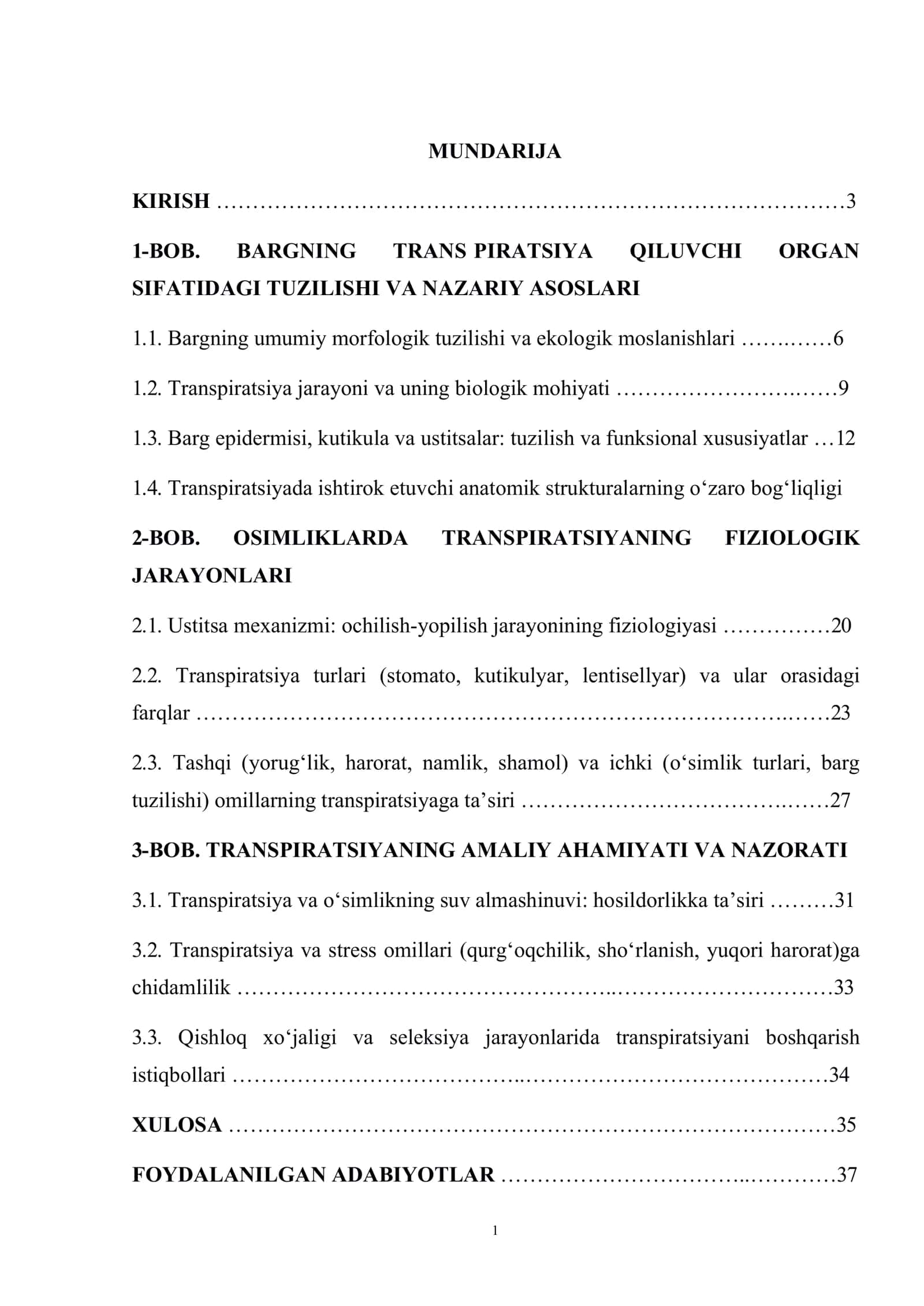 TRANSPIRATSIYANING FIZIOLOGIK JARAYONLARI