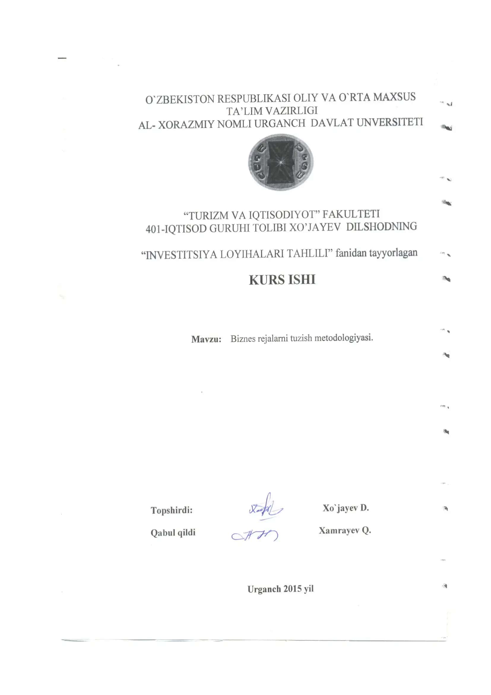 Biznes Rejani Tuzish va Baholash