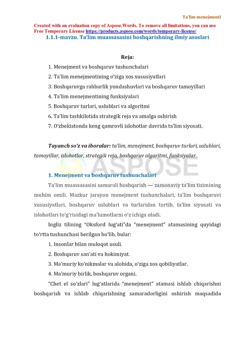 Ta’lim muassasasini boshqarishning ilmiy asoslari