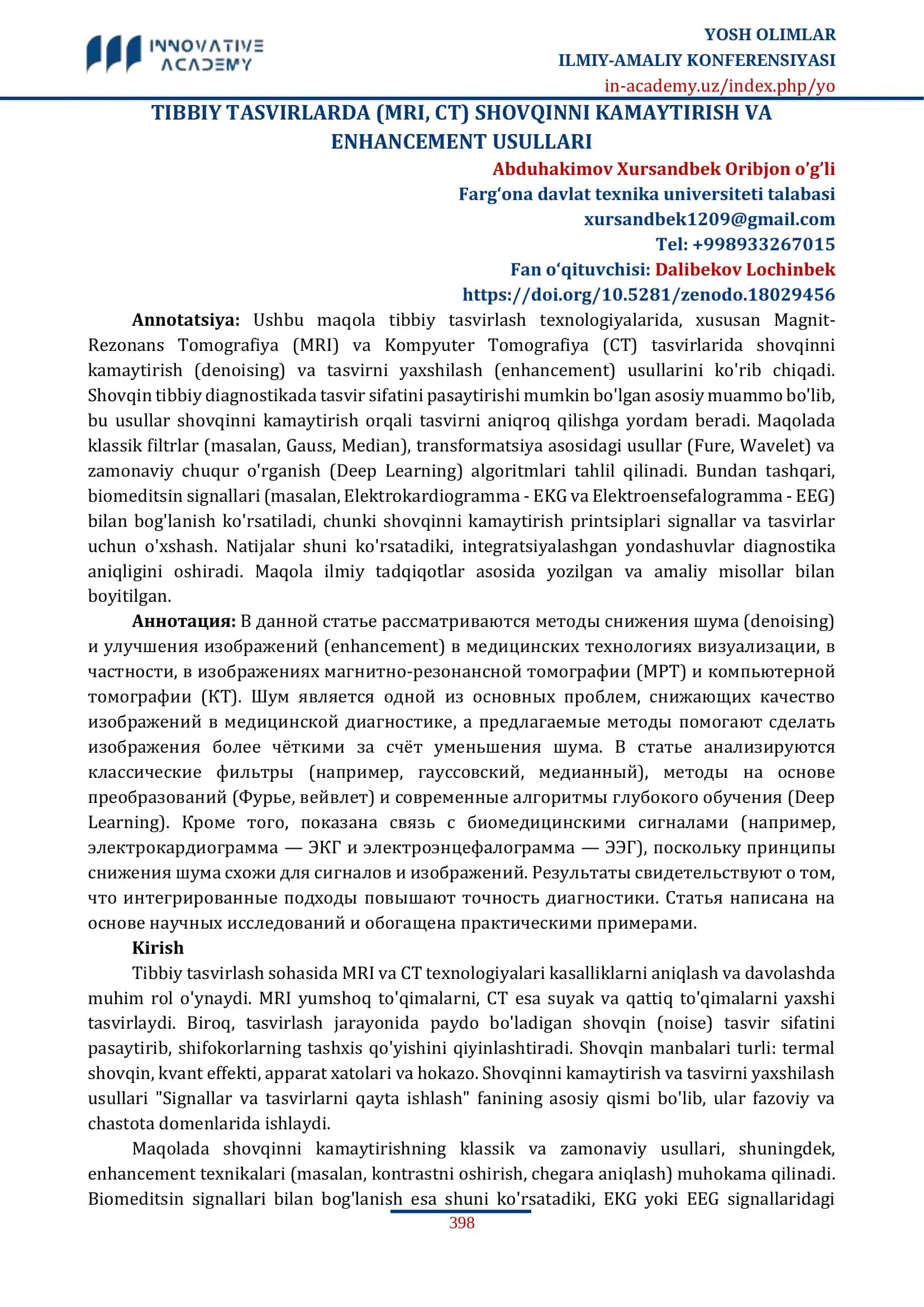 TIBBIY TASVIRLARDA (MRI, CT) SHOVQINNI KAMAYTIRISH VA ENHANCEMENT USULLARI