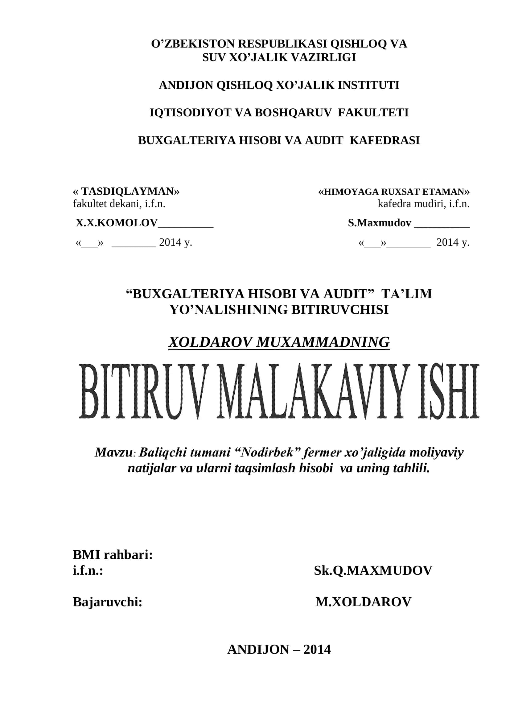 Baliqchi tumani “Nodirbek” fermer xo’jaligida moliyaviy natijalar va ularni taqsimlash hisobi va uning tahlili