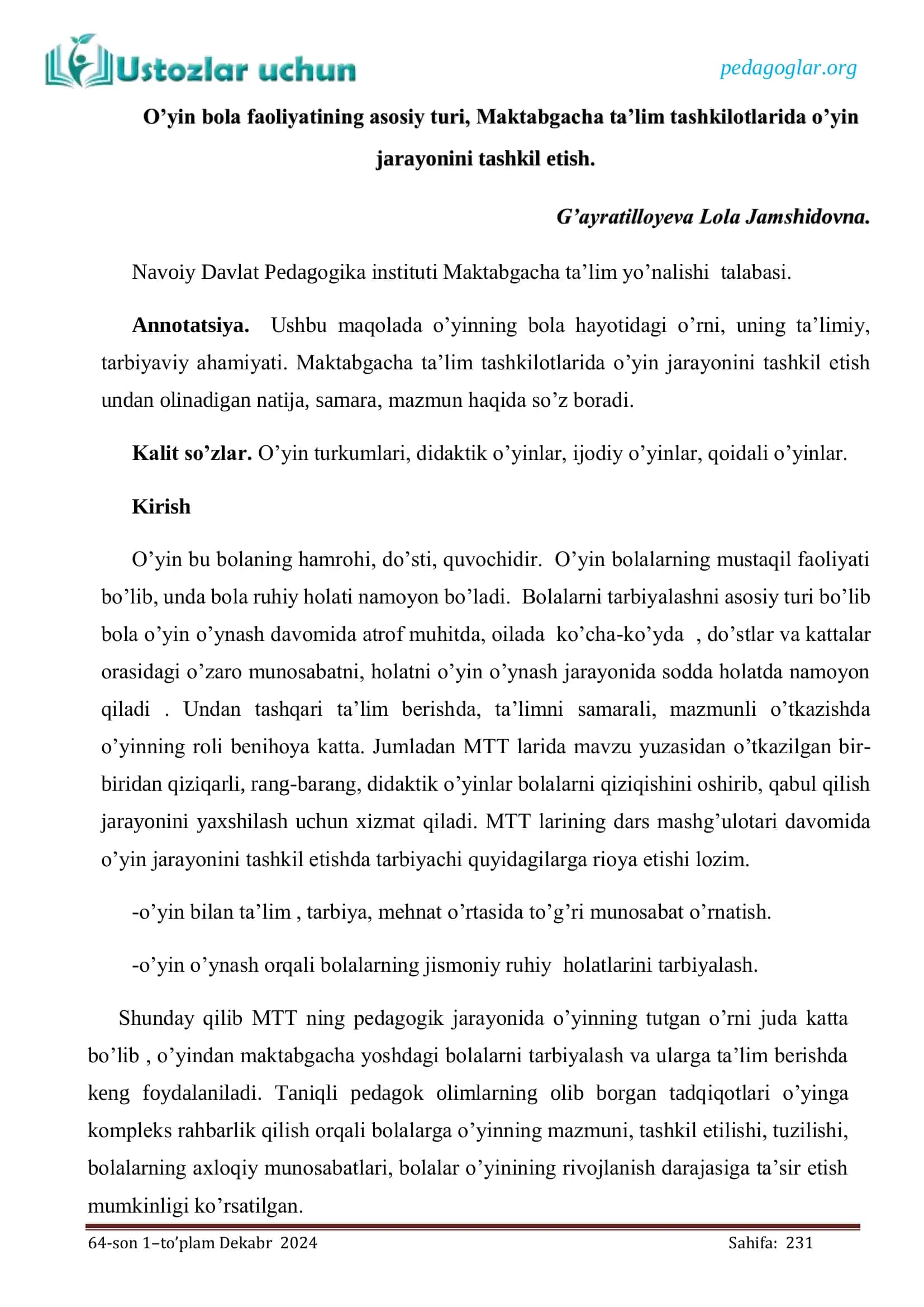 O'yin bola faoliyatining asosiy turi, Maktabgacha ta'lim tashkilotlarida o'yin jarayonini tashkil etish