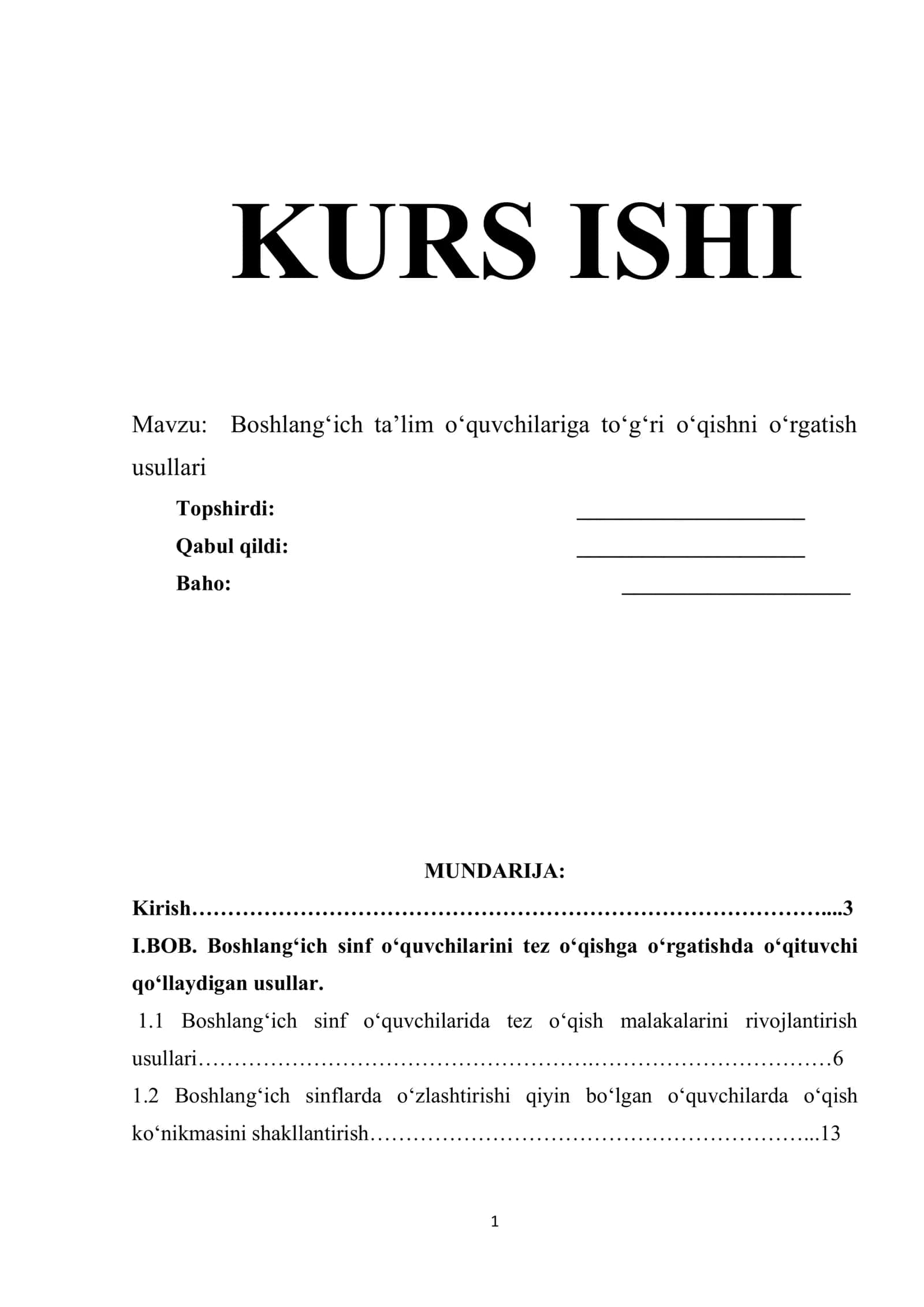 Kurs ishi: Boshlang‘ich ta’lim o‘quvchilariga to‘g‘ri o‘qishni o‘rgatish usullari