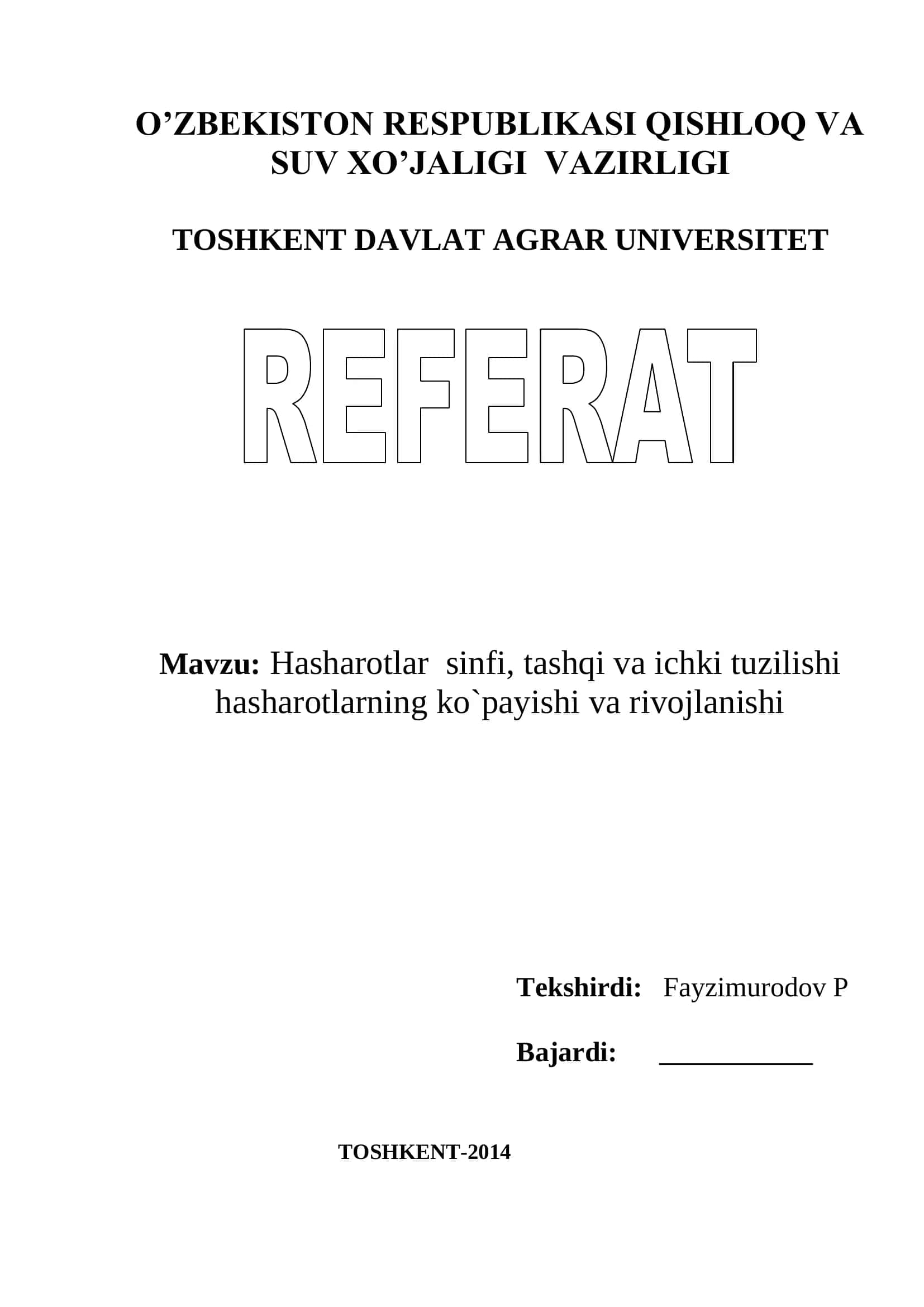 Hasharotlar sinfi, tashqi va ichki tuzilishi