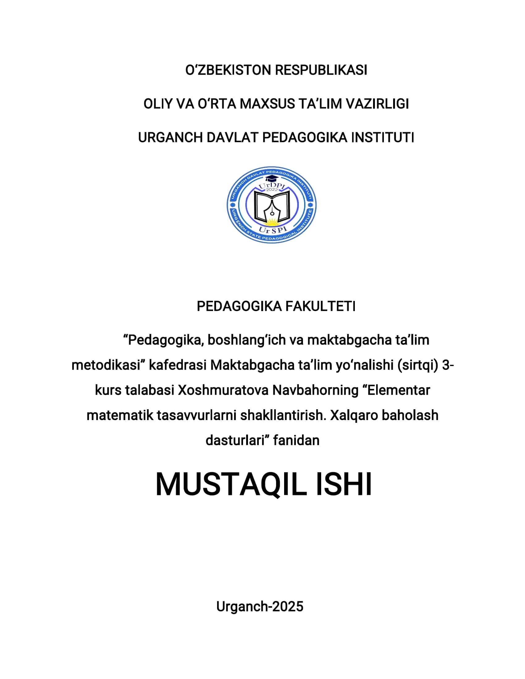 Elementar matematik tasavvurlarni shakllantirish. Xalqaro baholash dasturlari