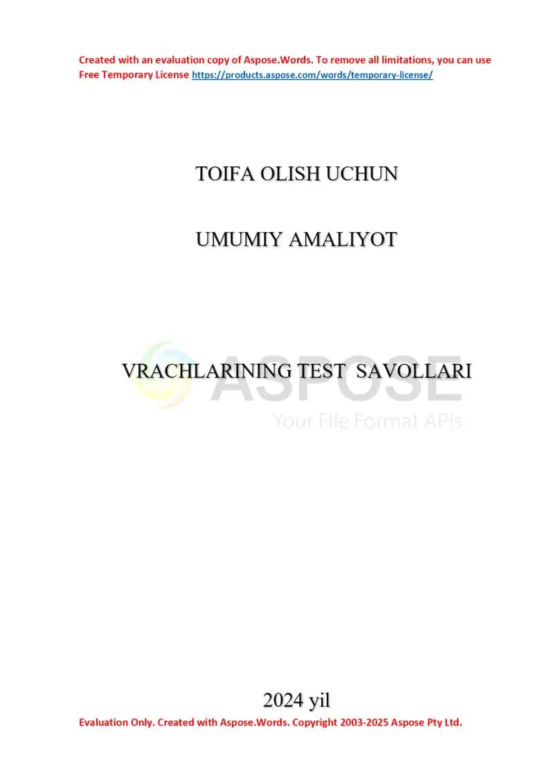 Oilaviy shifokorlik mutaxassisligi bo‘yicha umumiy amaliyot test savollari (2024)