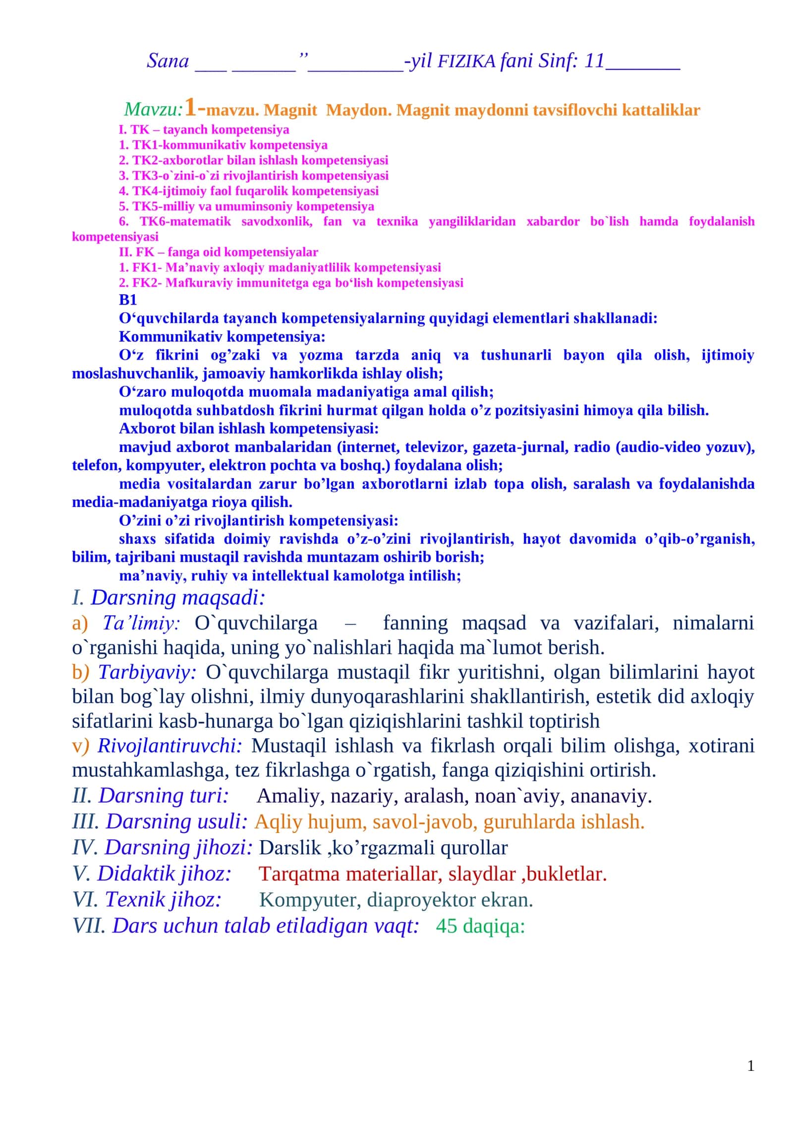 11-Sinf Fizika Fanidan Kompetensiyaviy Yillik Dars Ishlanmalar To‘plami
