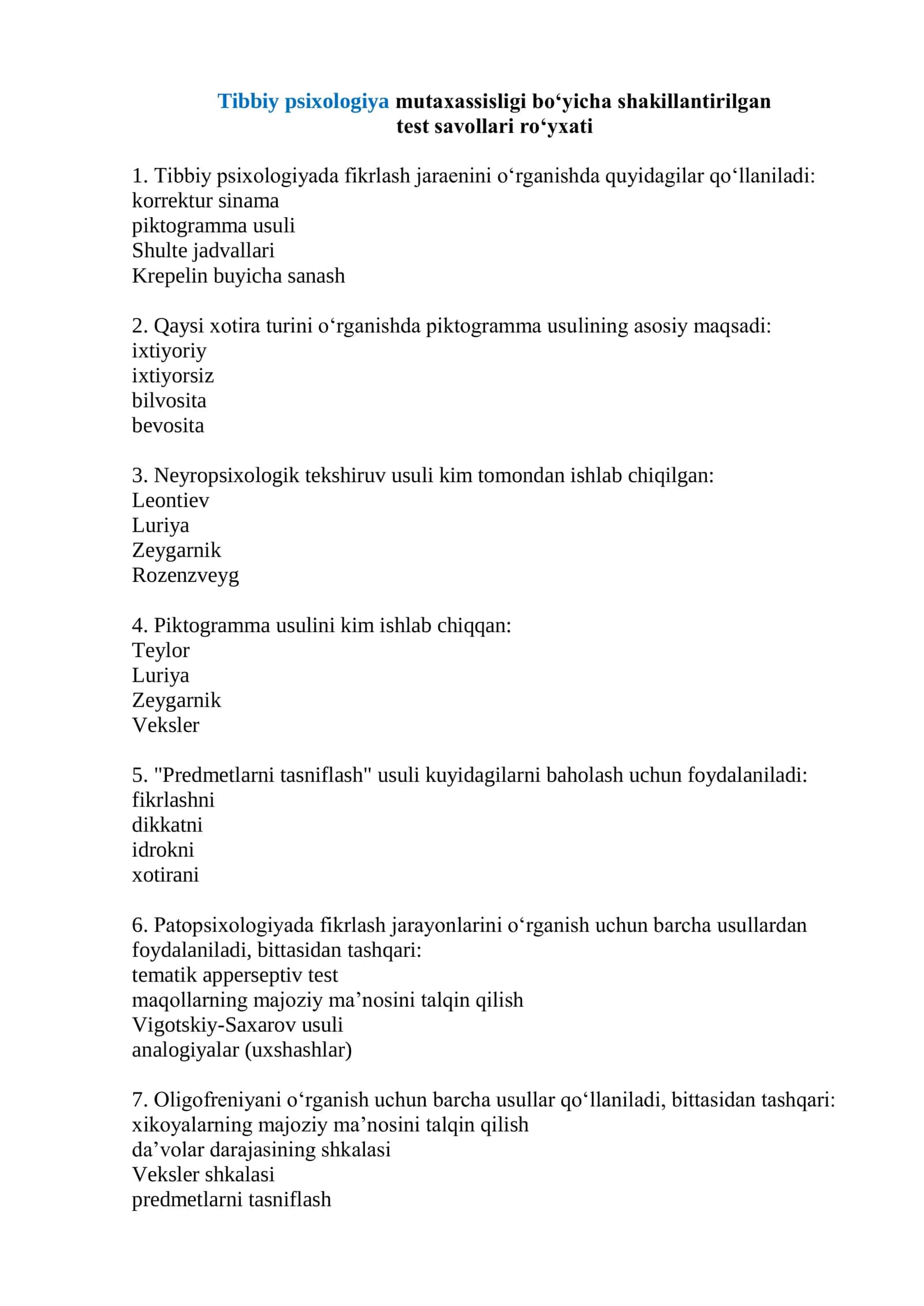 Tibbiy psixologiya test savollari 2026
