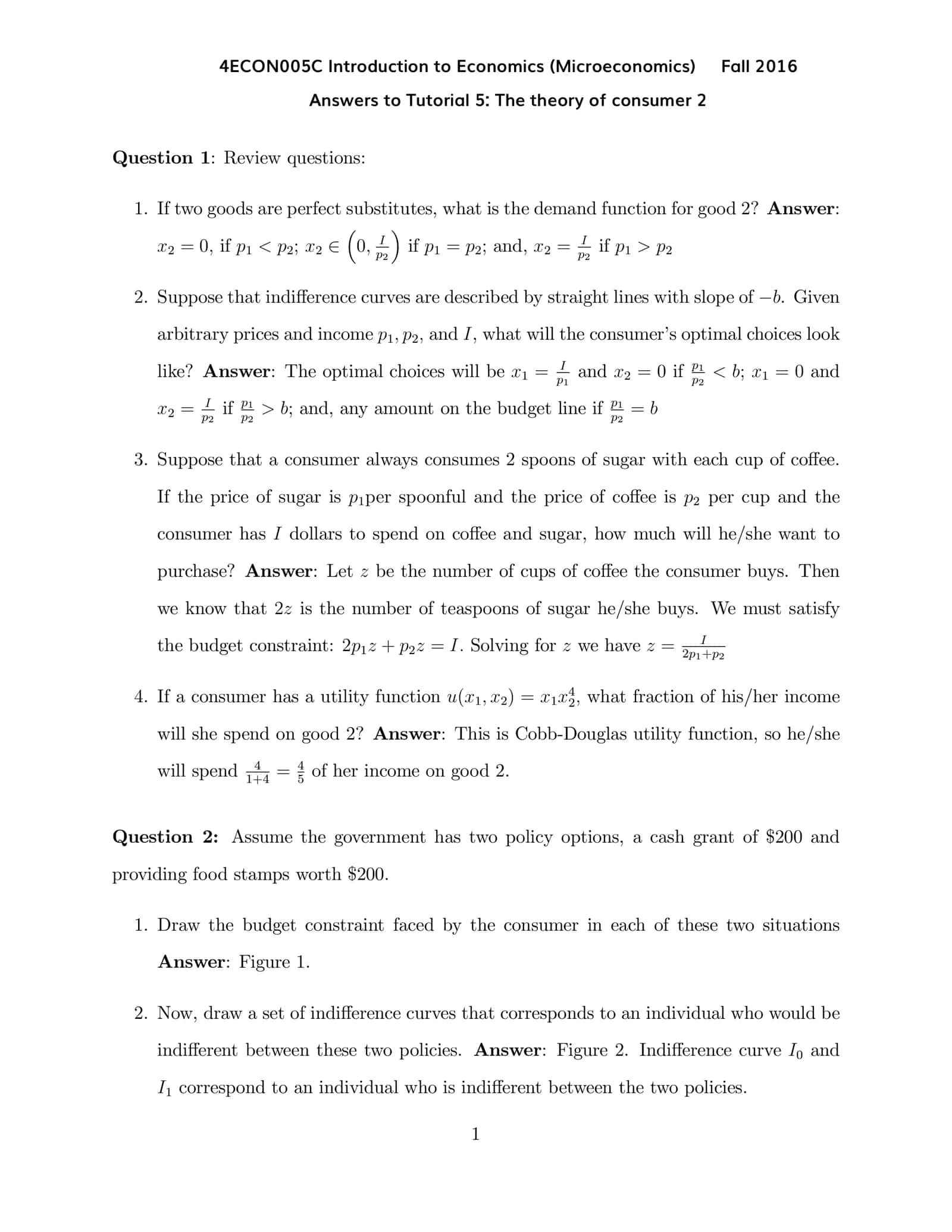 Answers to Tutorial 5: The theory of consumer 2