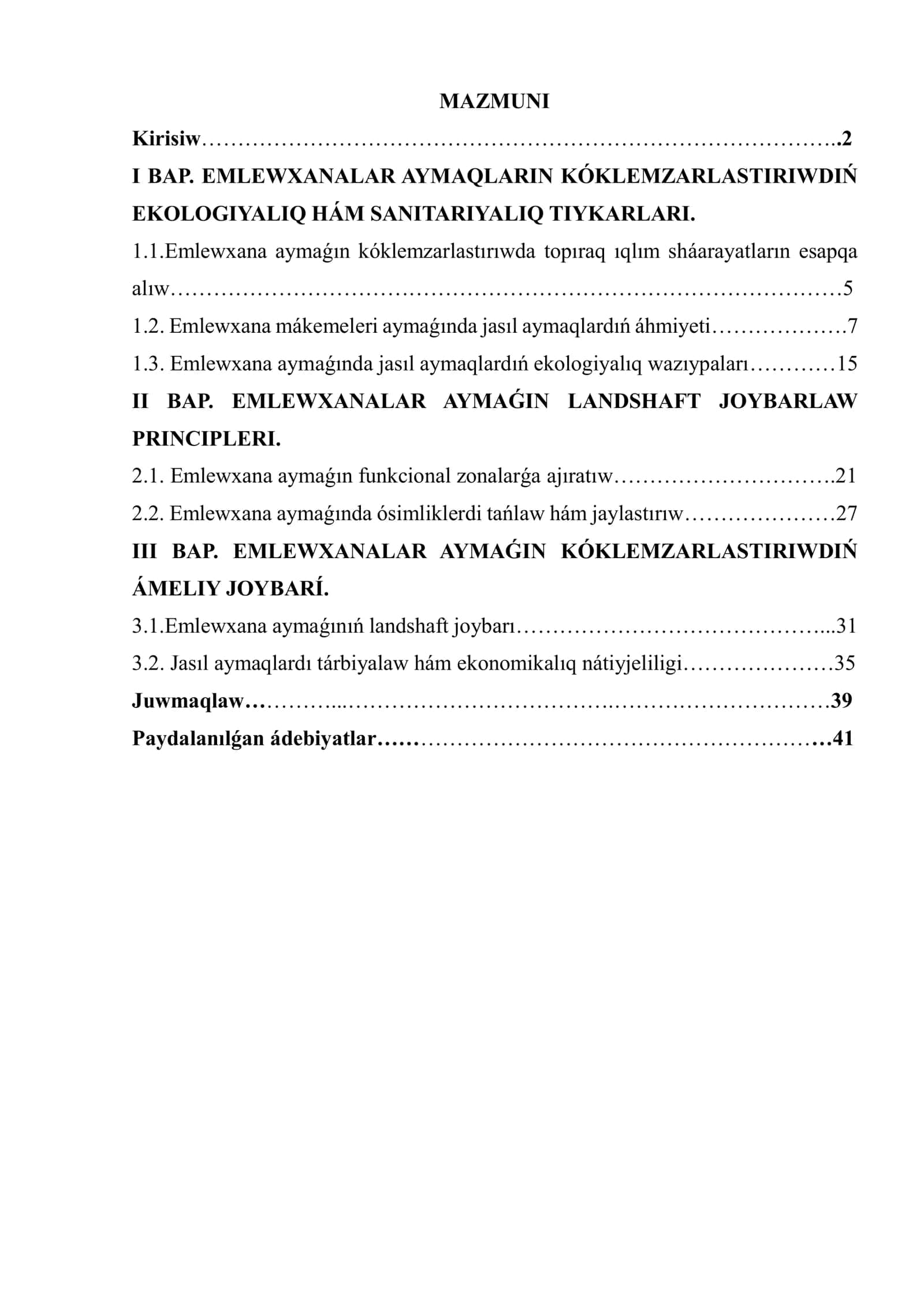 EMLEWXANALAR AYMAQLARIN KÓKLEMZARLASTIRIWDIŃ EKOLOGIYALIQ HÁM SANITARIYALIQ TIYKARLARI