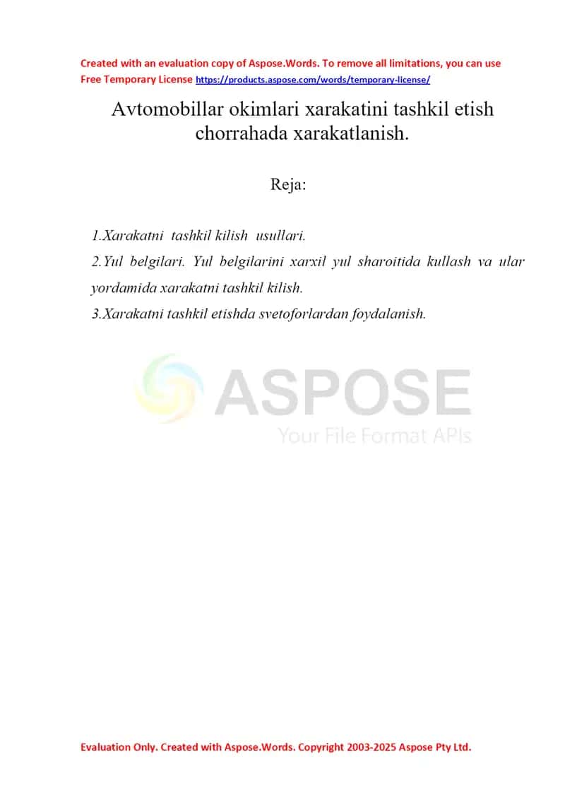 Avtomobillar oqimlari xarakatini tashkil etish chorrahada xarakatlanish.