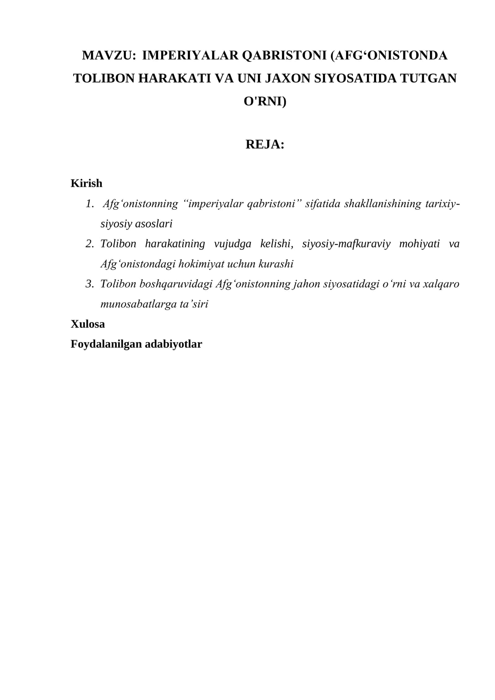 IMPERIYALAR QABRISTONI (AFGʻONISTONDA TOLIBON HARAKATI VA UNI JAXON SIYOSATIDA TUTGAN