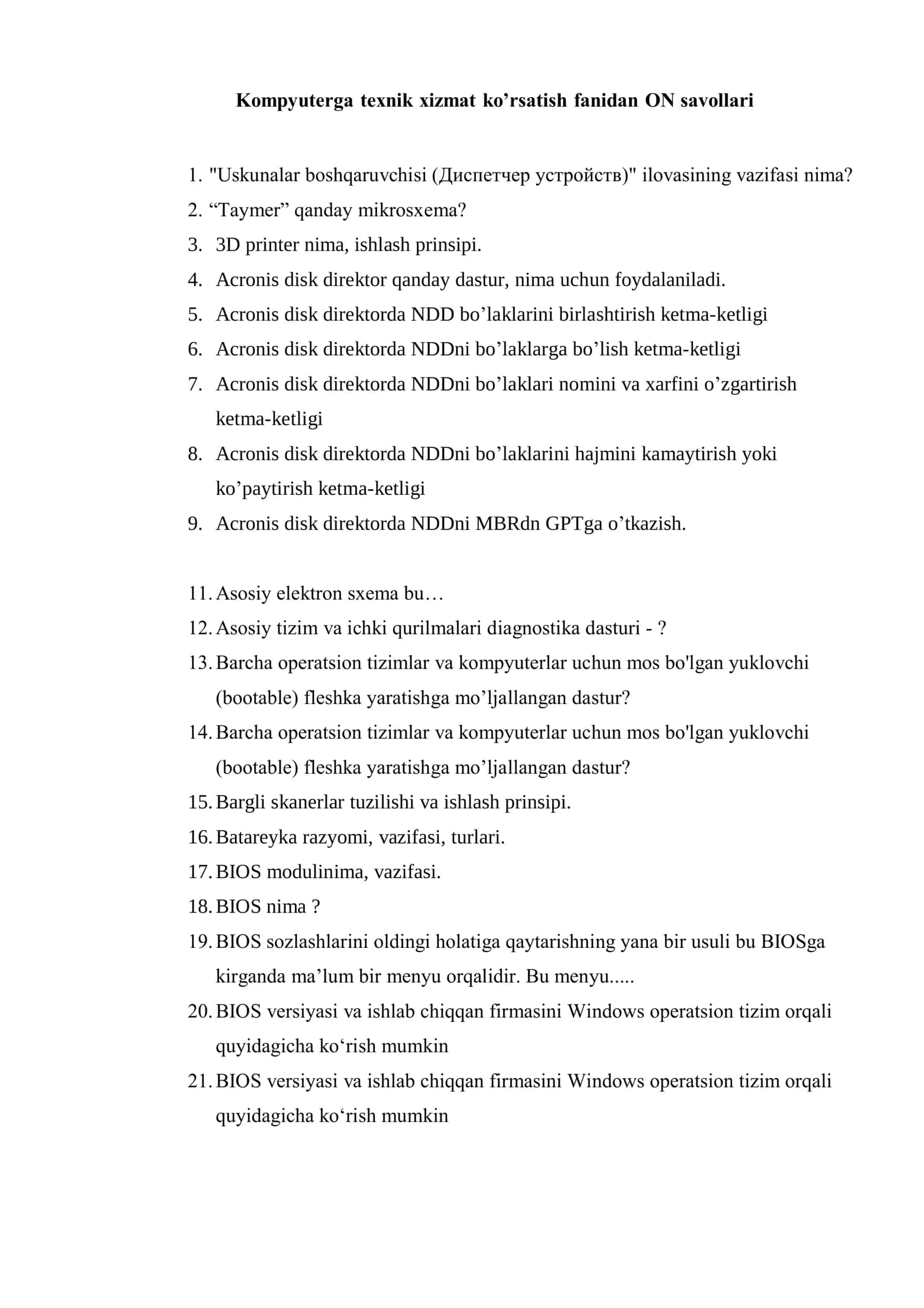 Kompyuterga texnik xizmat ko’rsatish fanidan ON savollari