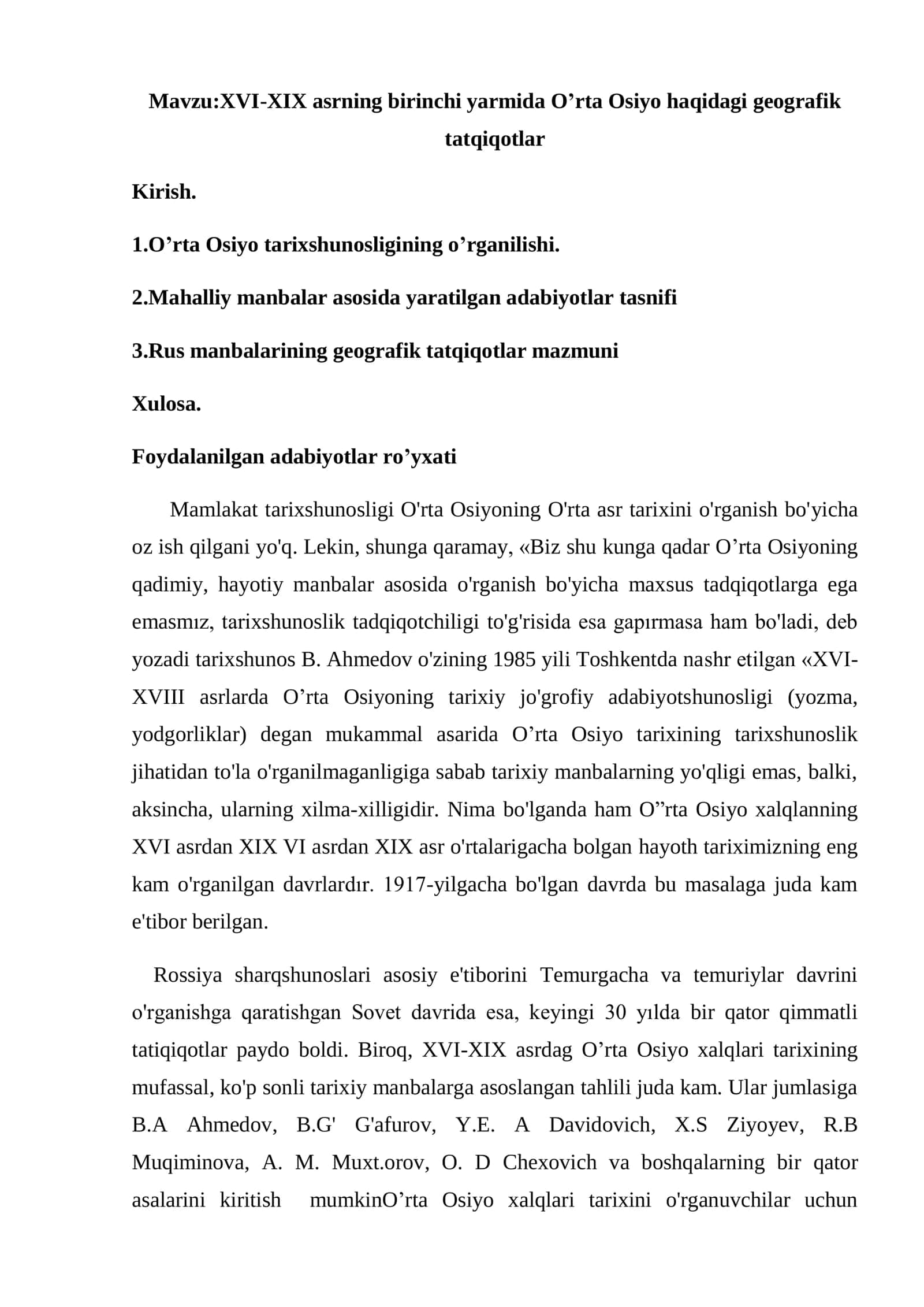 XVI-XIX asrning birinchi yarmida O’rta Osiyo haqidagi geografik tatqiqotlar