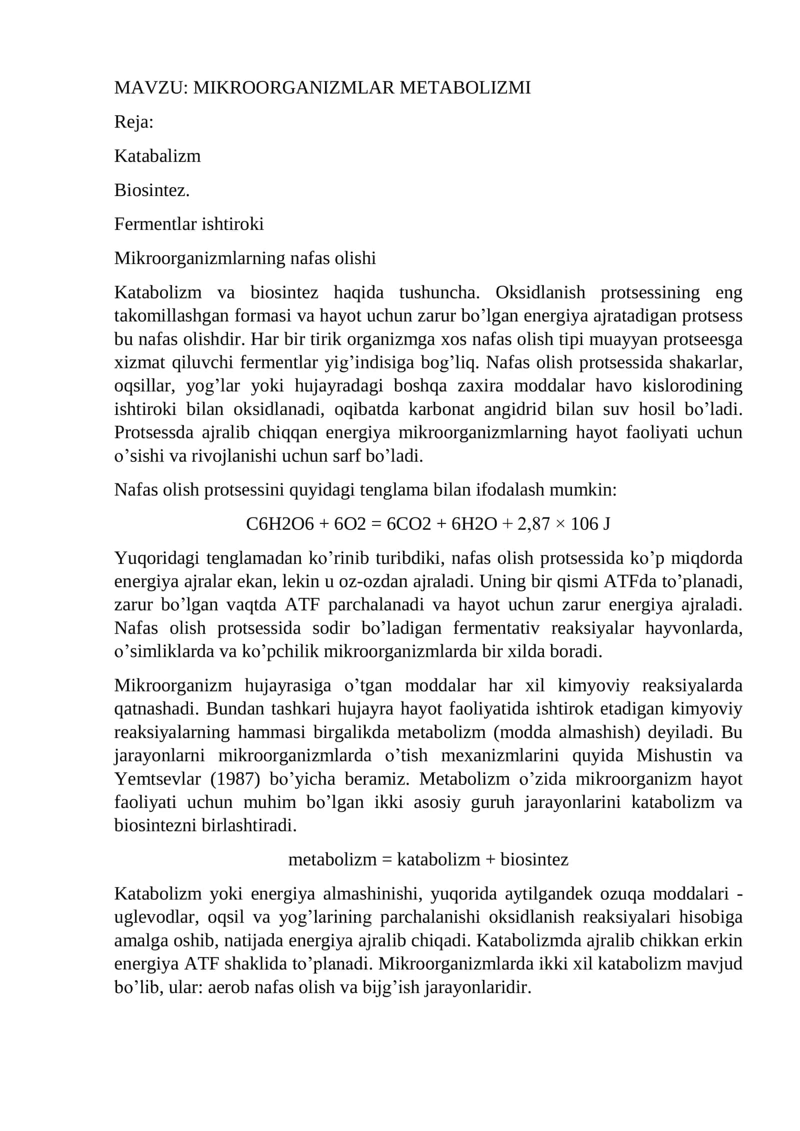 MIKROORGANIZMLAR METABOLIZMI