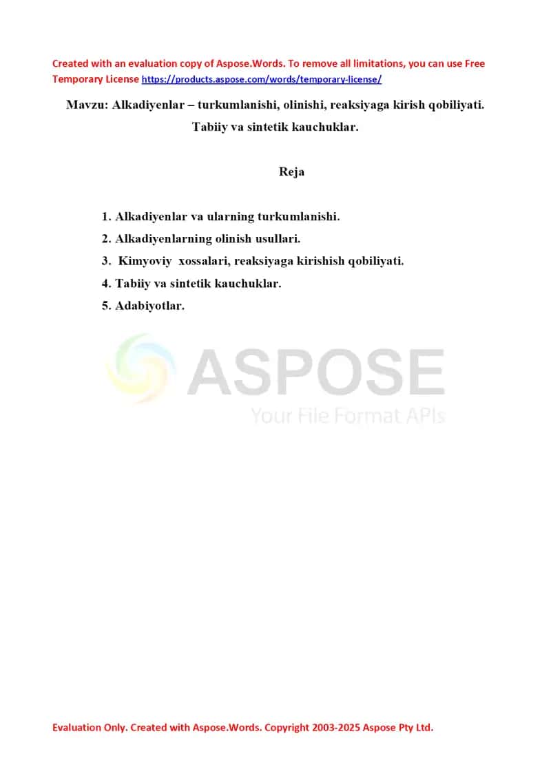 5. Alkadiyenlar – turkumlanishi, olinishi, reaksiyaga kirish qobiliyati. Tabiiy va sintetik kauchuklar. Referat 12 bet
