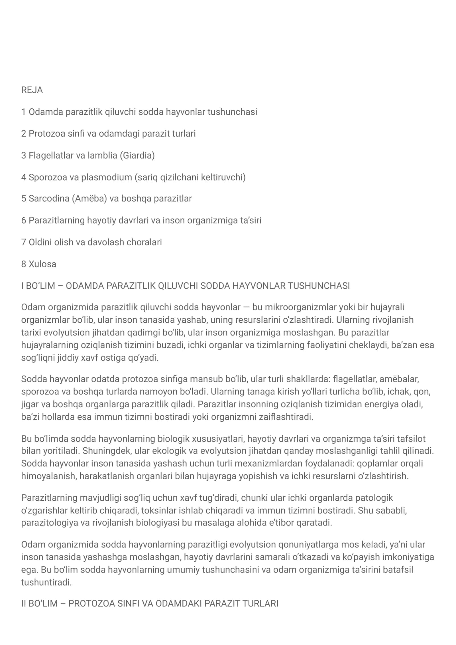 Odamdagi parazitlar turlari