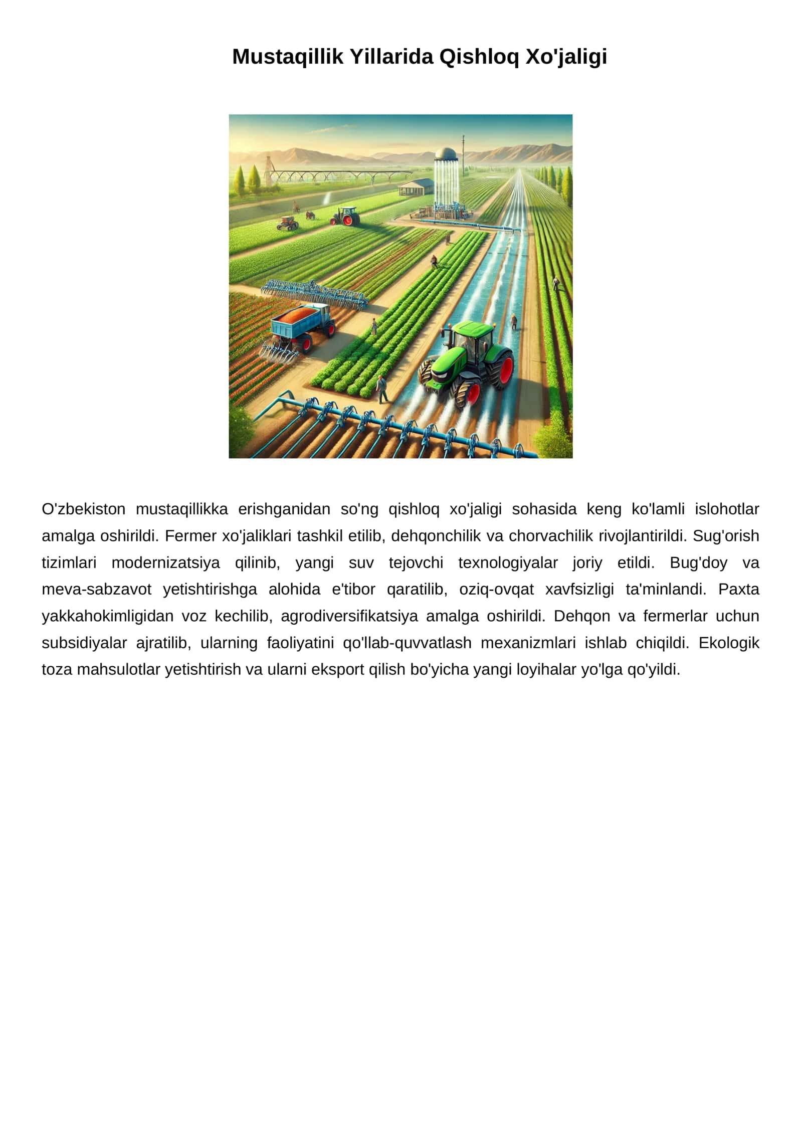 Mustaqillik Yillarida Qishloq Xo'jaligi