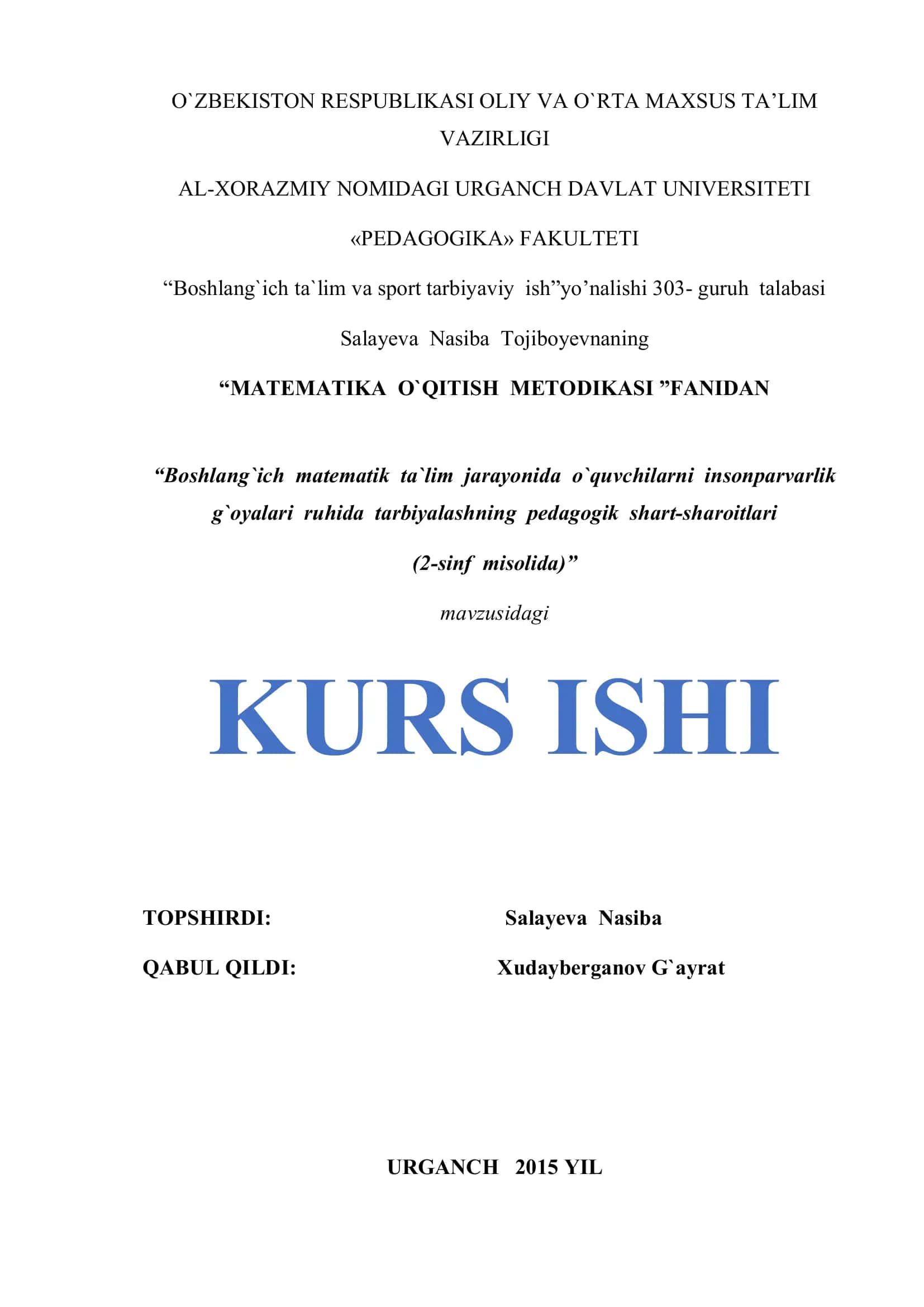 MATEMATIKA O`QITISH METODIKASI