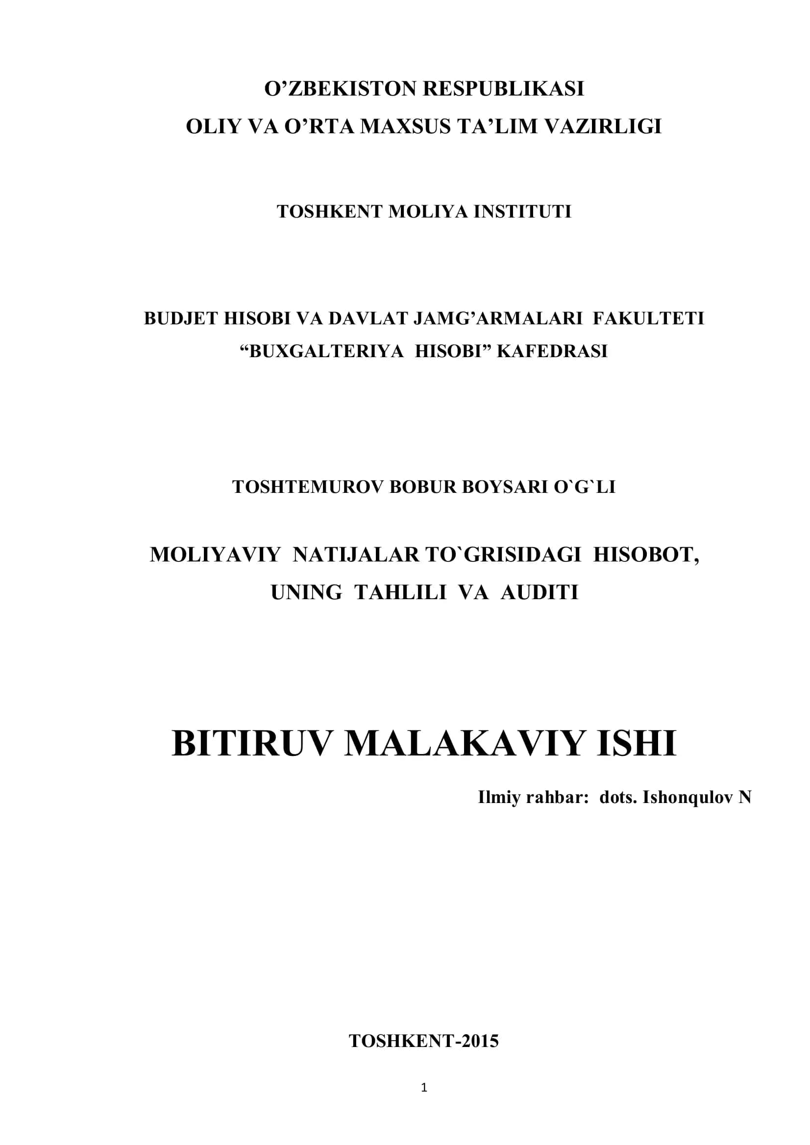Moliyaviy natijalar to`g`risidagi hisobot va uning tahlilini takomillashtirish