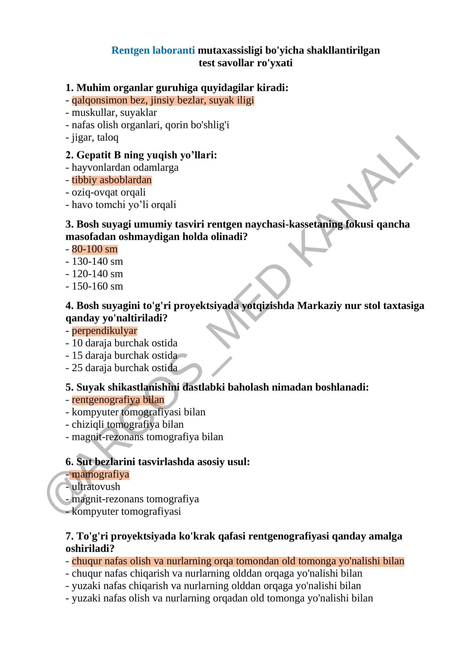 Rentgen laboranti mutaxassisligi bo'yicha argos test javoblari bilan