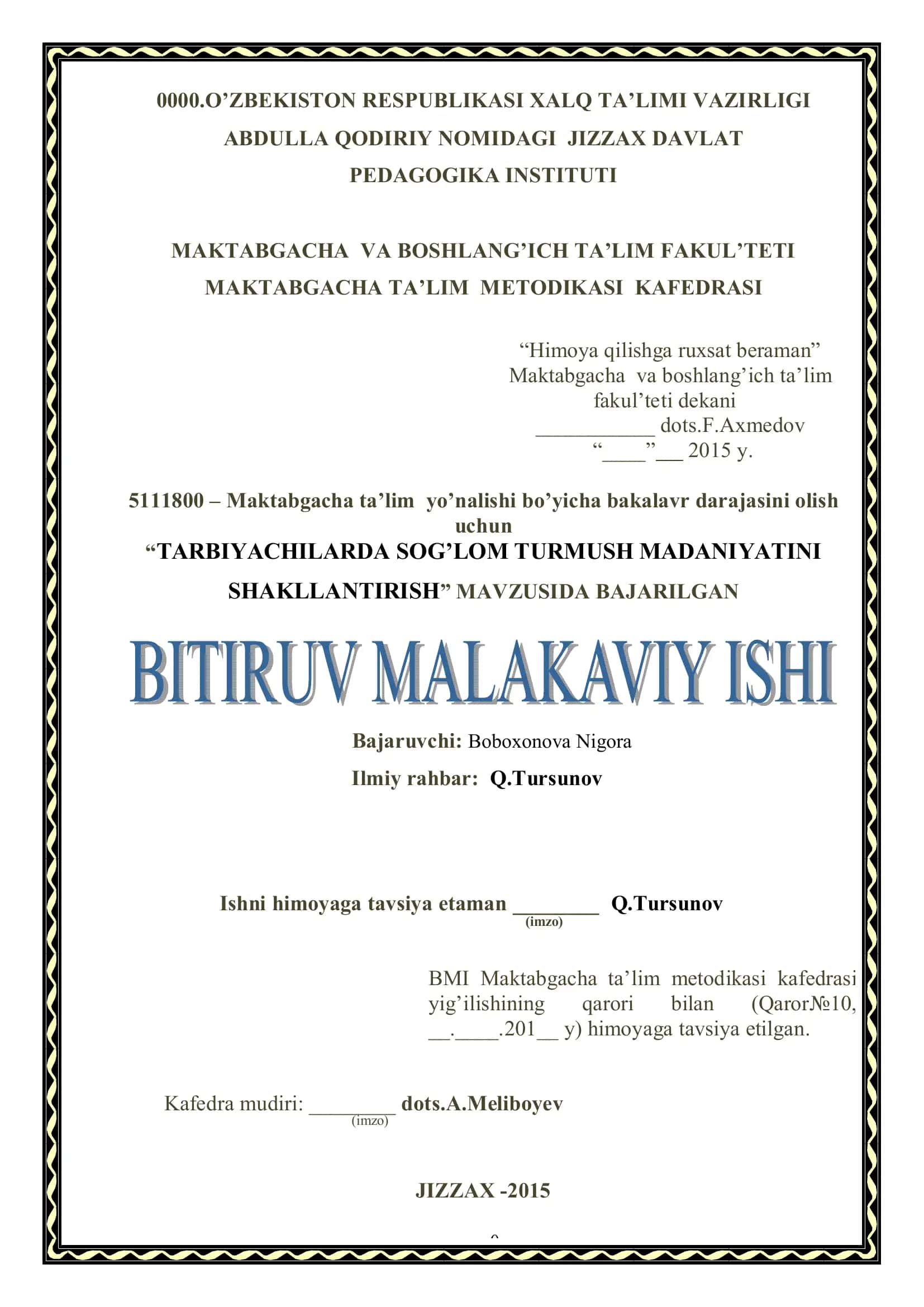TARBIYACHILARDA SOG’LOM TURMUSH MADANIYATINI SHAKLLANTIRISH
