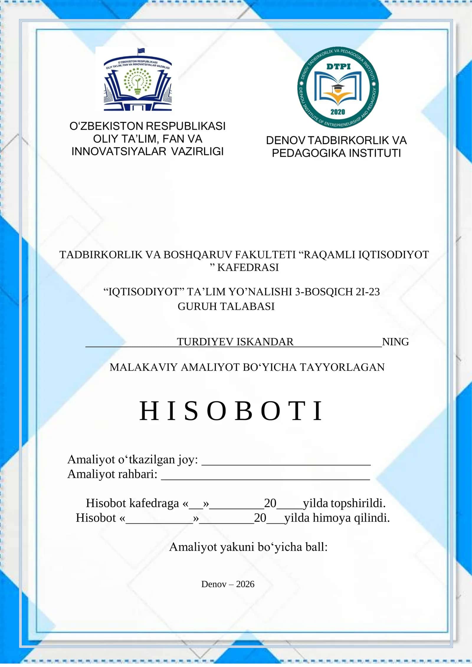Denov tuman Omon el-denov”X/K o`z malakaviy amaliyoti Soliq tizimini