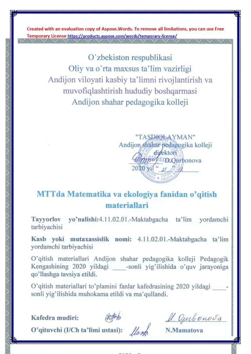 Ishchi o‘quv dasturi “Aqliy tarbiya” kafedrasi uchun
