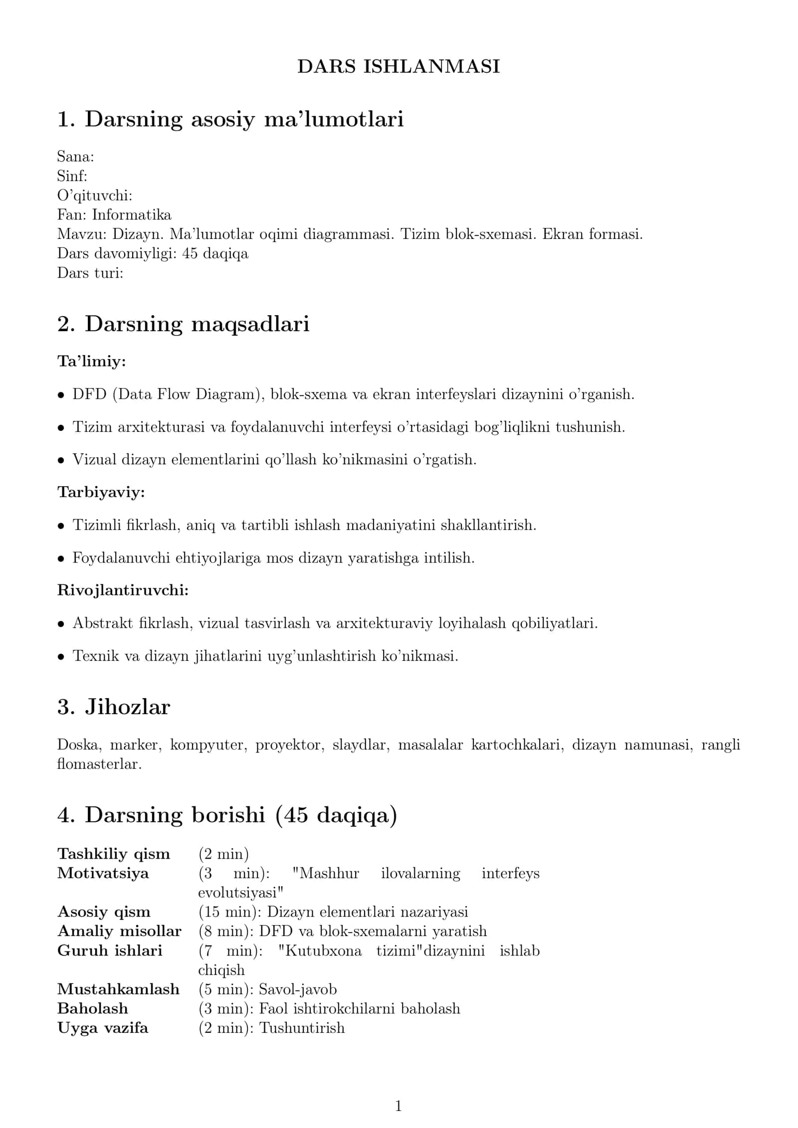 Dizayn. Ma’lumotlar oqimi diagrammasi. Tizim blok-sxemasi. Ekran formasi