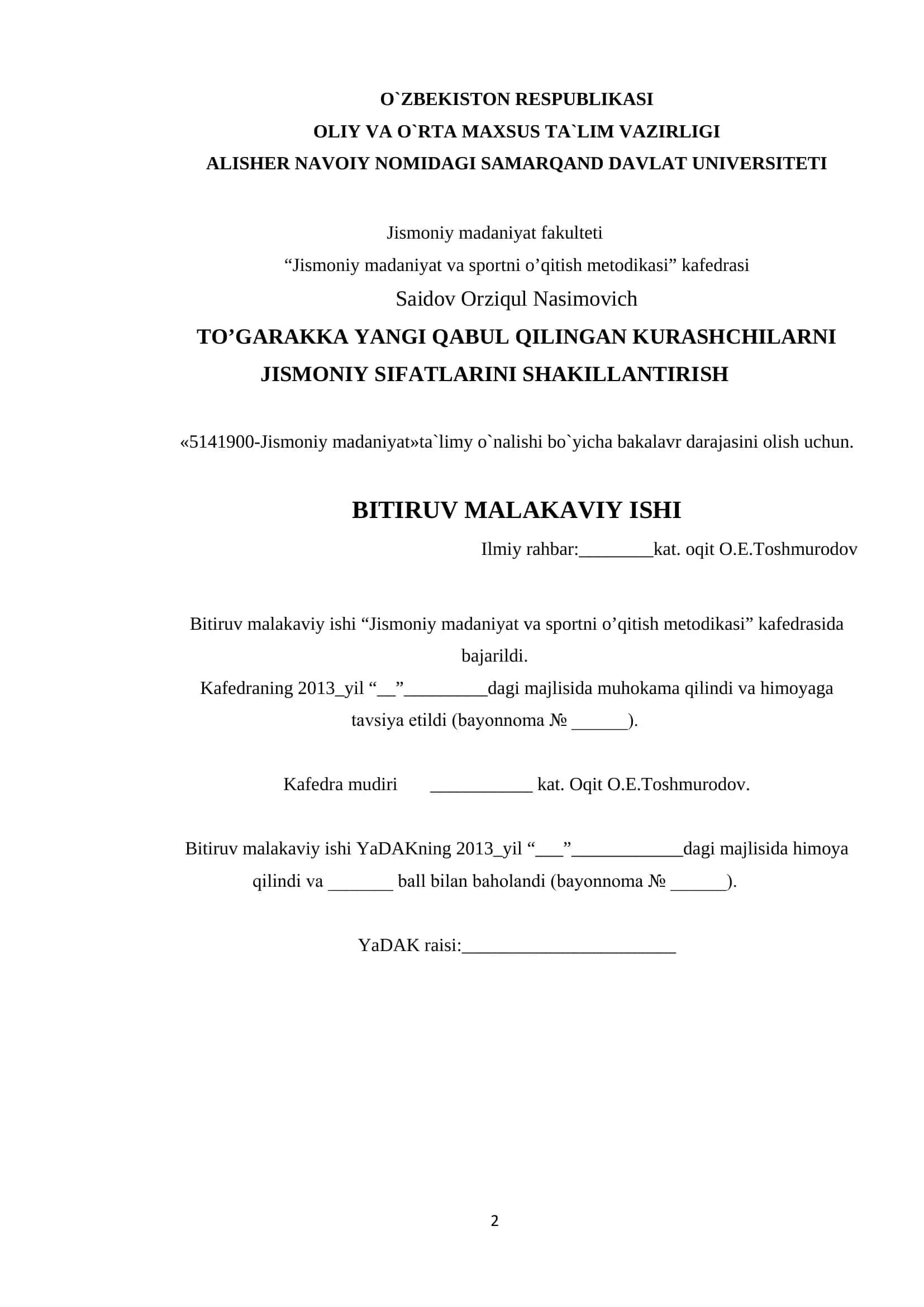 Jismoniy madaniyat va sportni o’qitish metodikasi