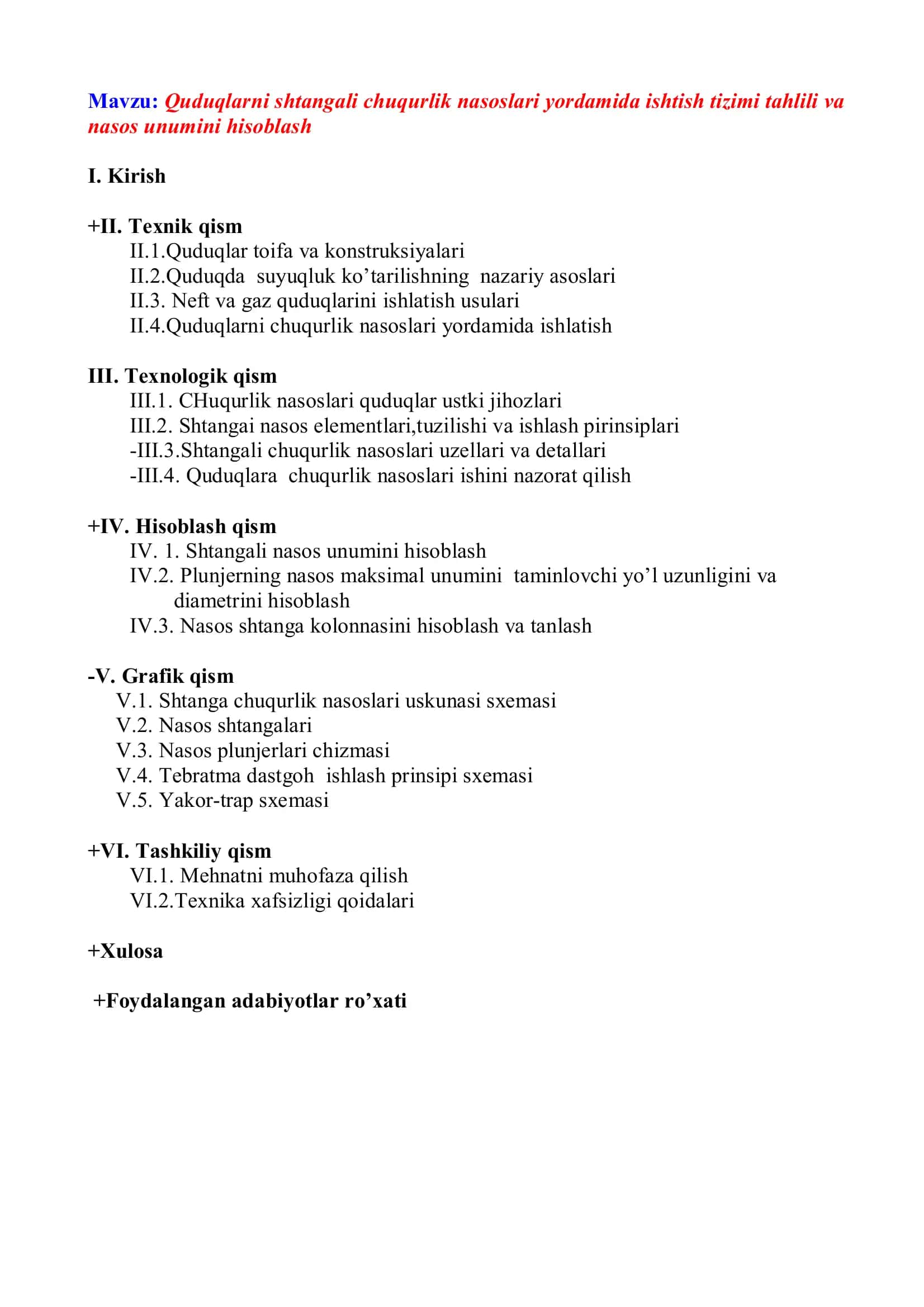 Quduqlarni shtangali chuqurlik nasoslari yordamida ishtish tizimi tahlili va nasos unumini hisoblash